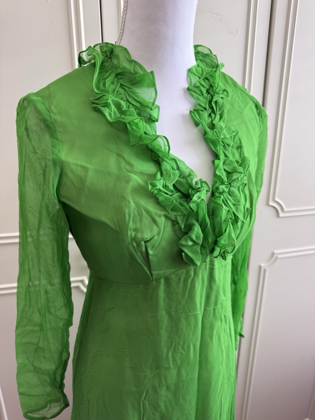 Vintage 70s Lorrie Deb San Francisco Green Ruffle Maxi Dress – Size 7/8