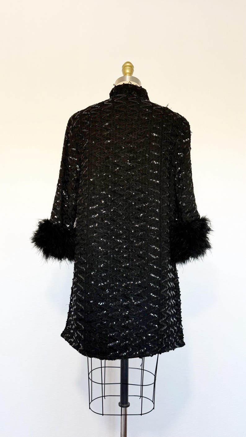 1960s Sequin Coat / Black Sequin Coat / Feather Trim Coat / Size Large