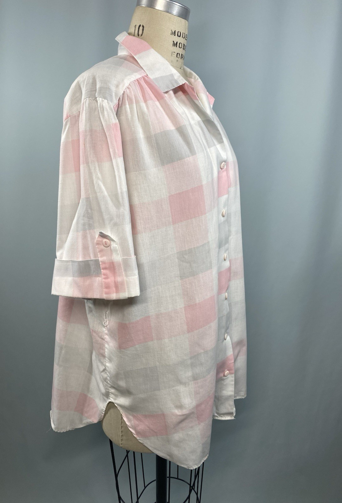 Vintage Blouse SIZE XL 42 pink grey check tunic Top CALIFORNIA CONNECTION 80s