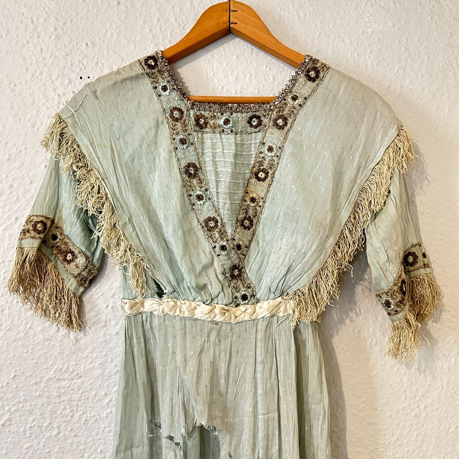 READ AS IS Antique Edwardian Blue Dress Fringe Trim Embroidered Study Fragile