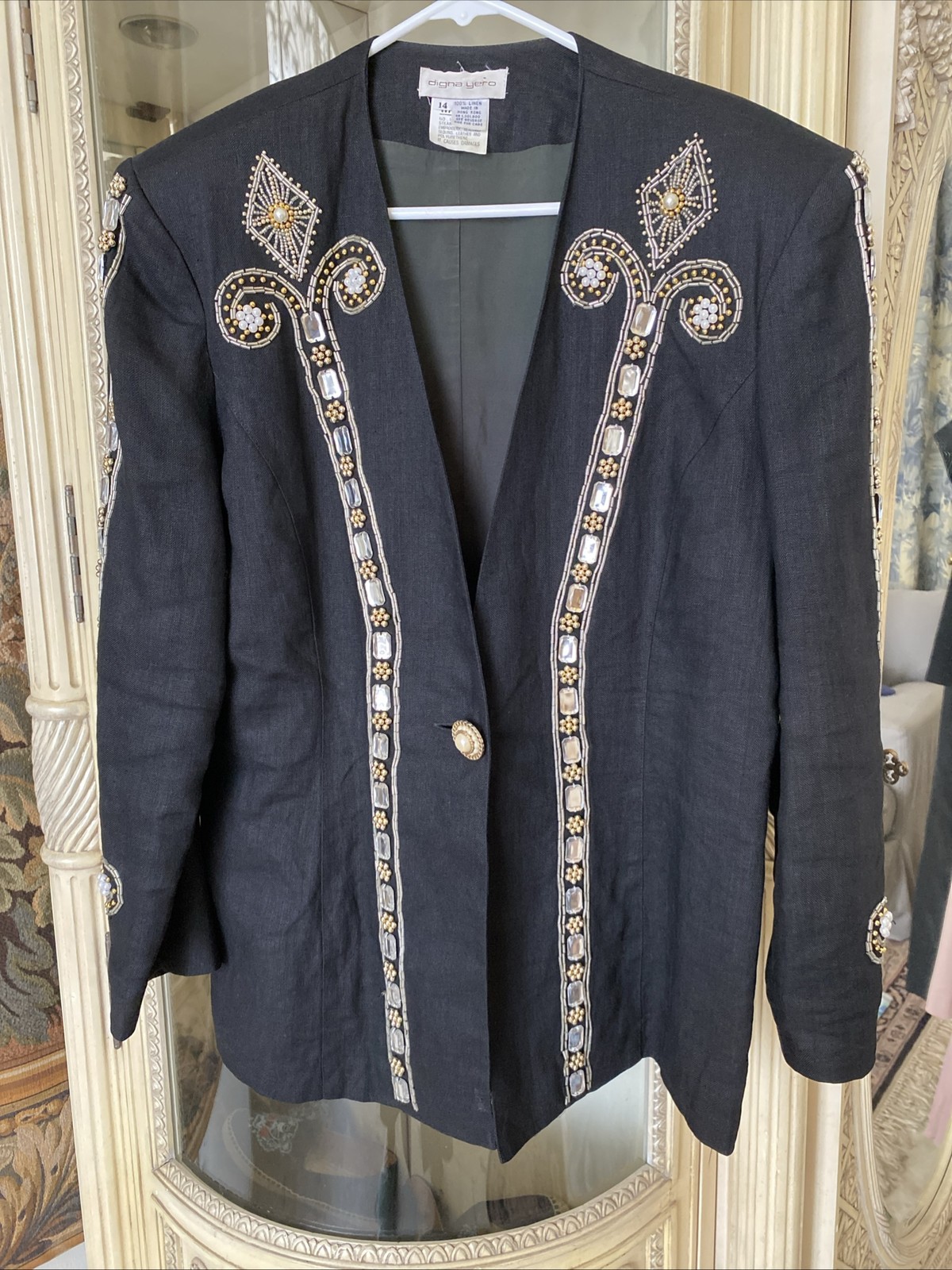 vintage Digna Yero Linen Black Embellished Stones Jacket SZ 14 Hong Kong