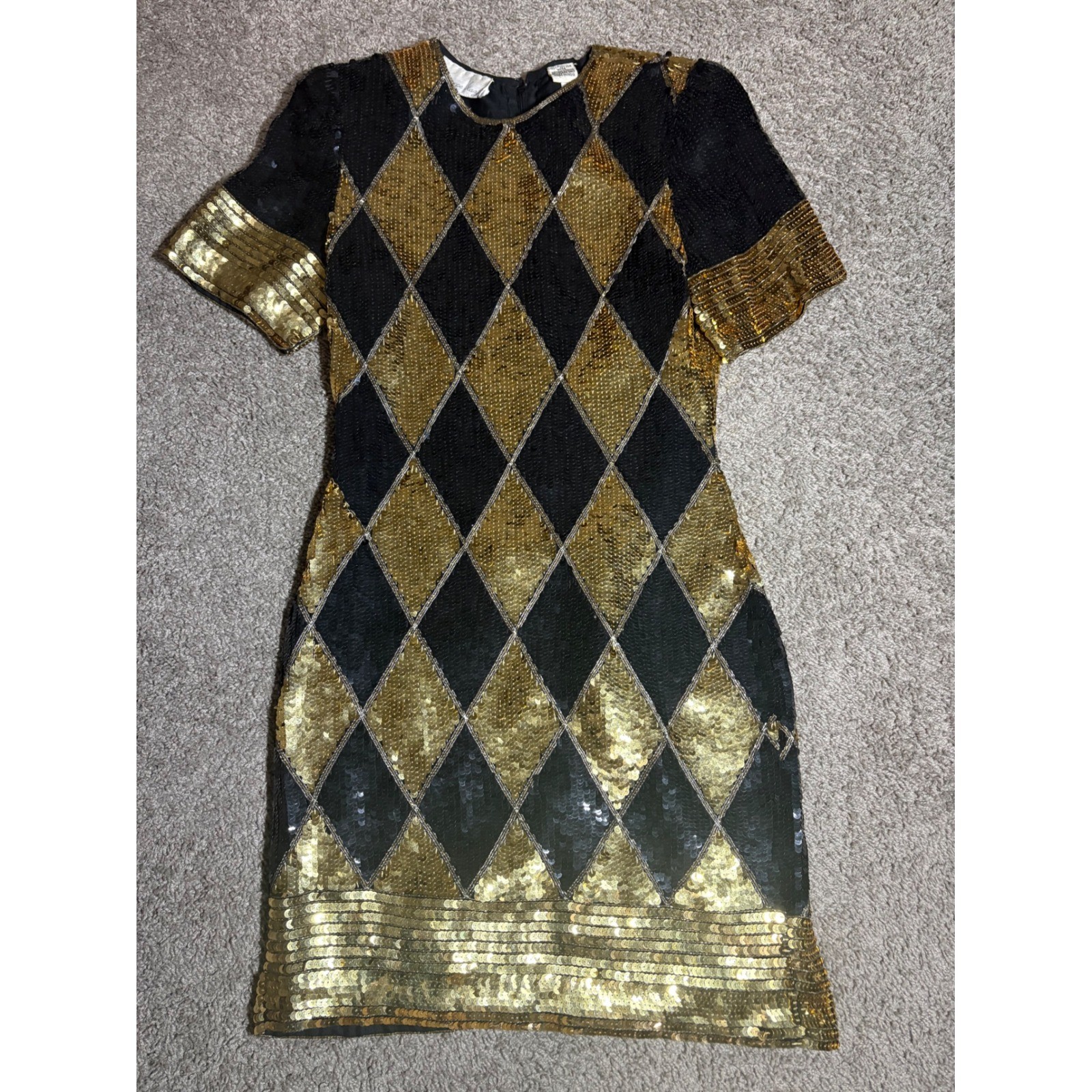 Laurence Kazar Vintage Black Gold Sequin Harlequin Silk Dress Petite Medium PM