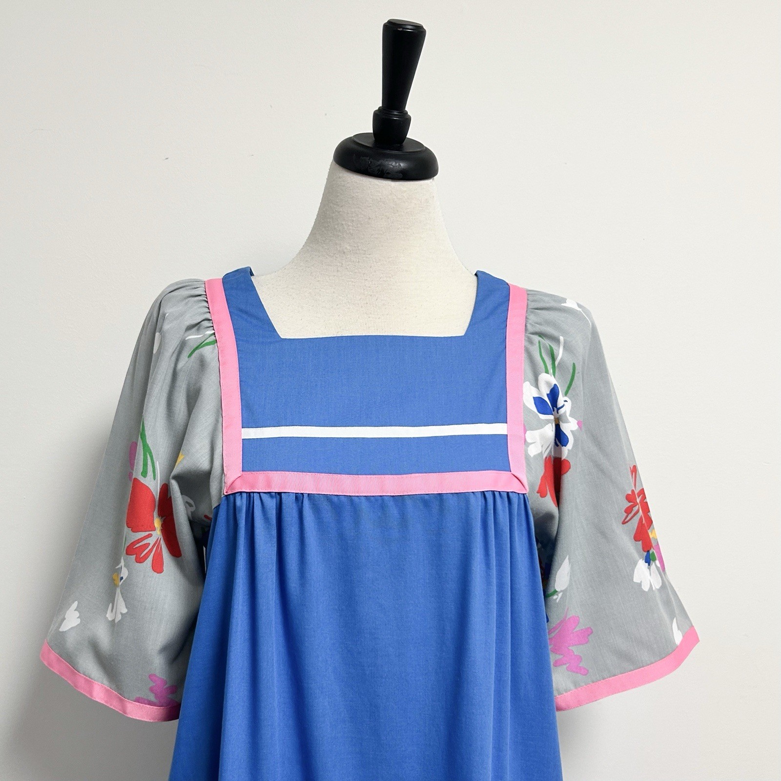 Carol Bennett Vintage Blue Grey Pink Floral 1/2 Puff Sleeve Long Mumu Medium