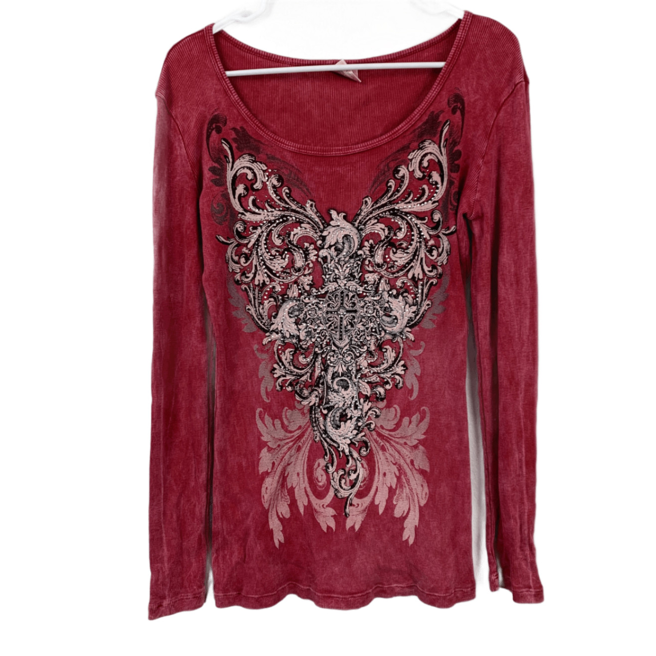Y2K Sugar Rock XL Long Sleeve Ribbed Shirt Red Angel McBling Biker Mall Goth
