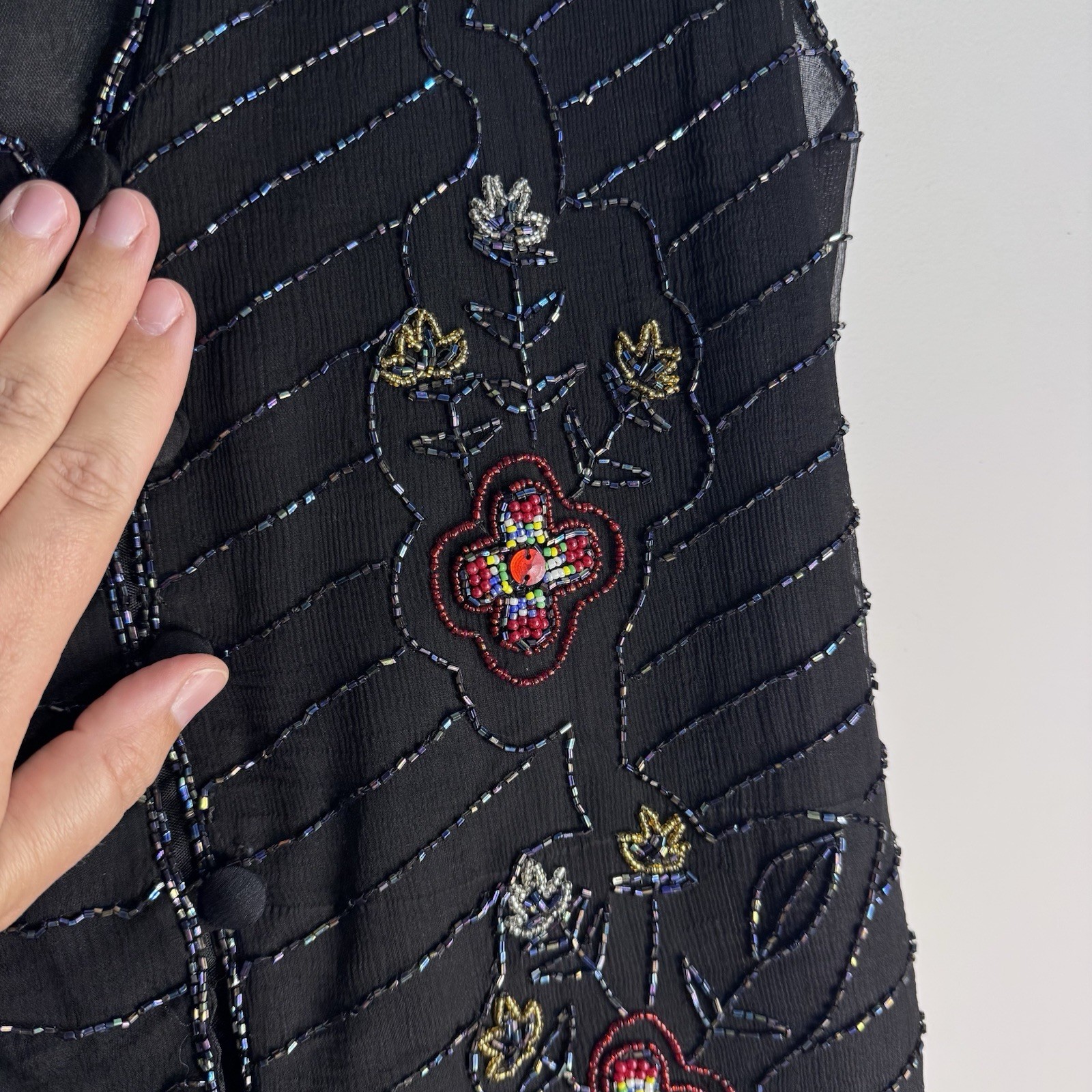 Vintage Your Destiny Beaded Silk Feel Black Floral Vest Boho Artsy Medium