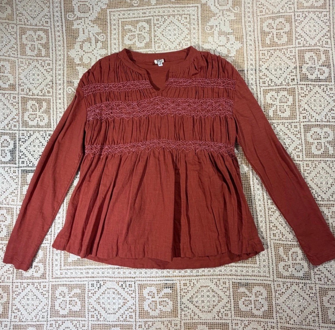 Ivy Jane Rust Smocked Long Sleeve Peasent Boho Blouse Sz XS 100% Cotton