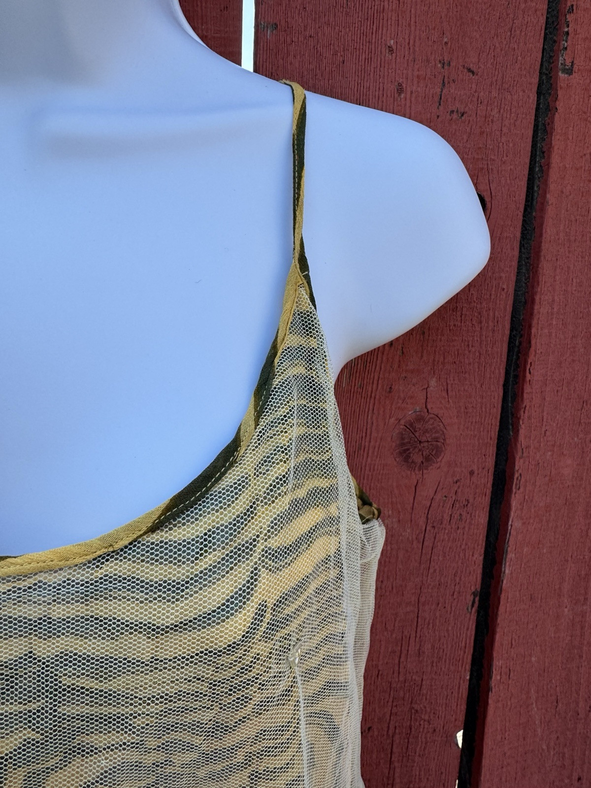 Vintage 90s Y2K Sheer Mesh Lace Beaded Tank Tattoo Grunge Goth Alt Earth Fairy