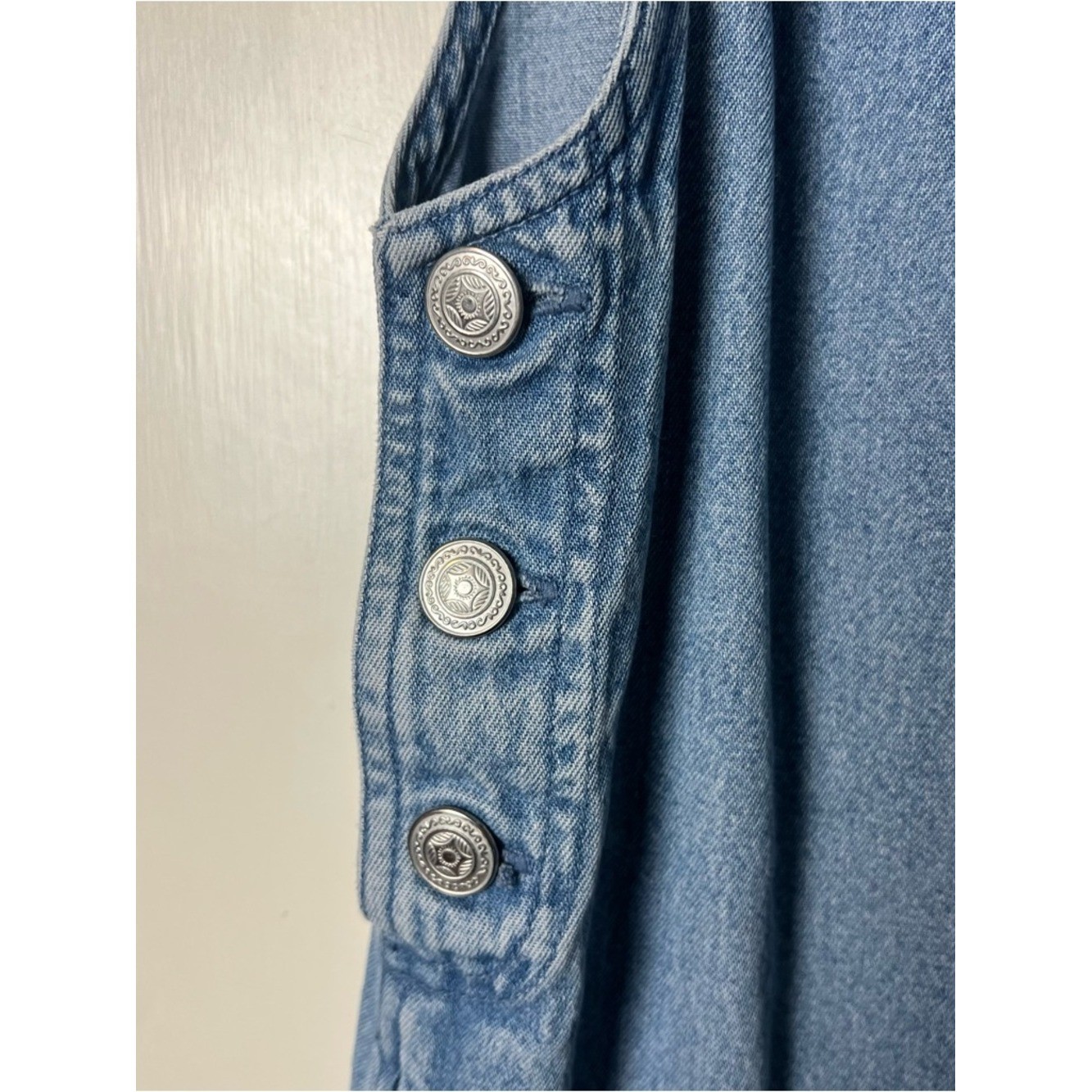 Vtg 90s Directives Denim Mini Pinafore Jumper Dress Button Straps Pockets Sz S