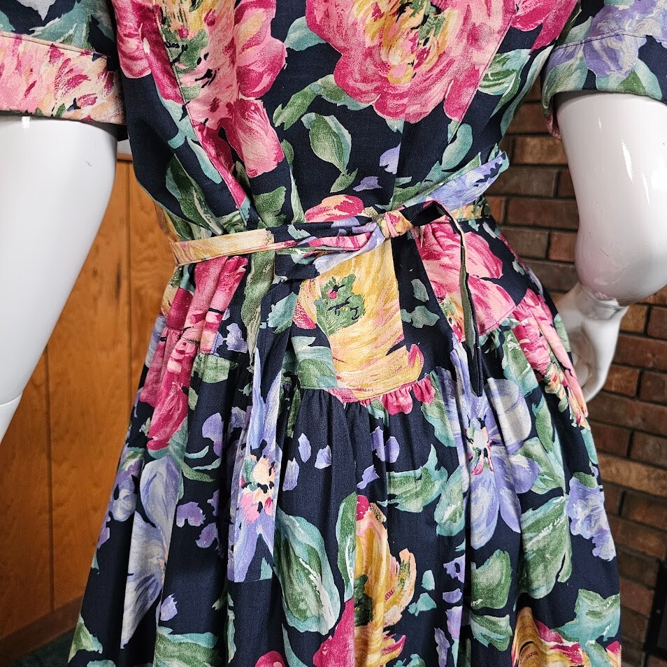 Vtg 80s Trad Wife Impressionist Floral Princess Waist Puff Sleeve Tea Dress M/L