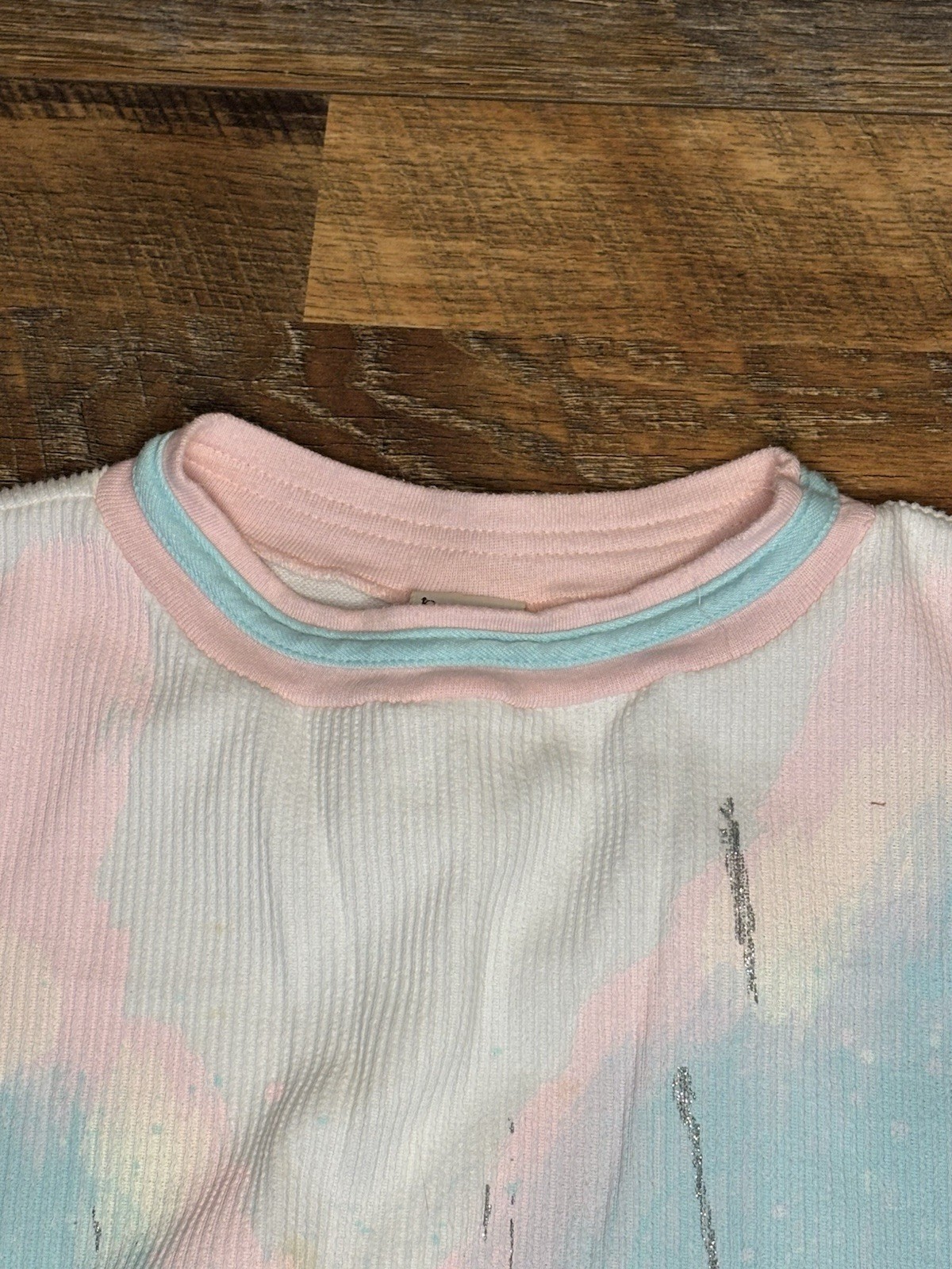 Vintage 80s Crewneck White Ribbed Sweater Pastel Blue Pink Yellow Glitter W’s M