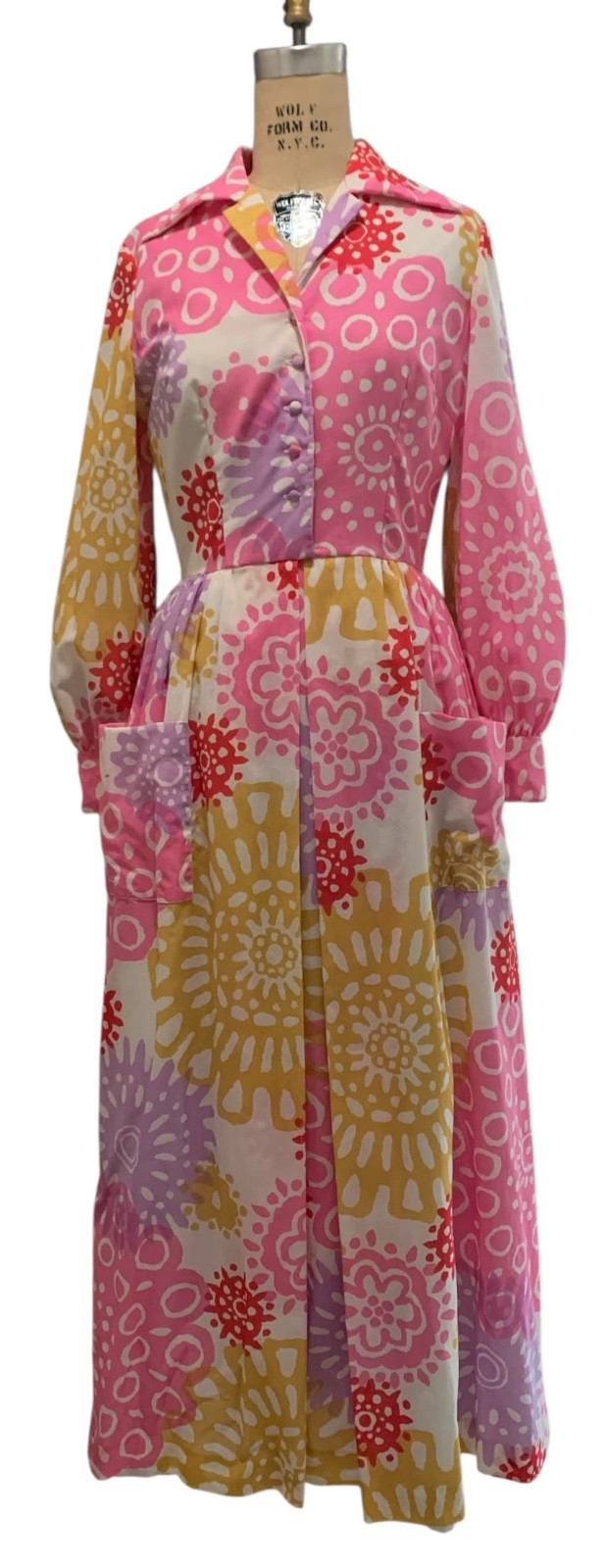 TORI RICHARD Vintage 70s Women’s Floral Sunburst Print LS Cotton Dress – Sz 14