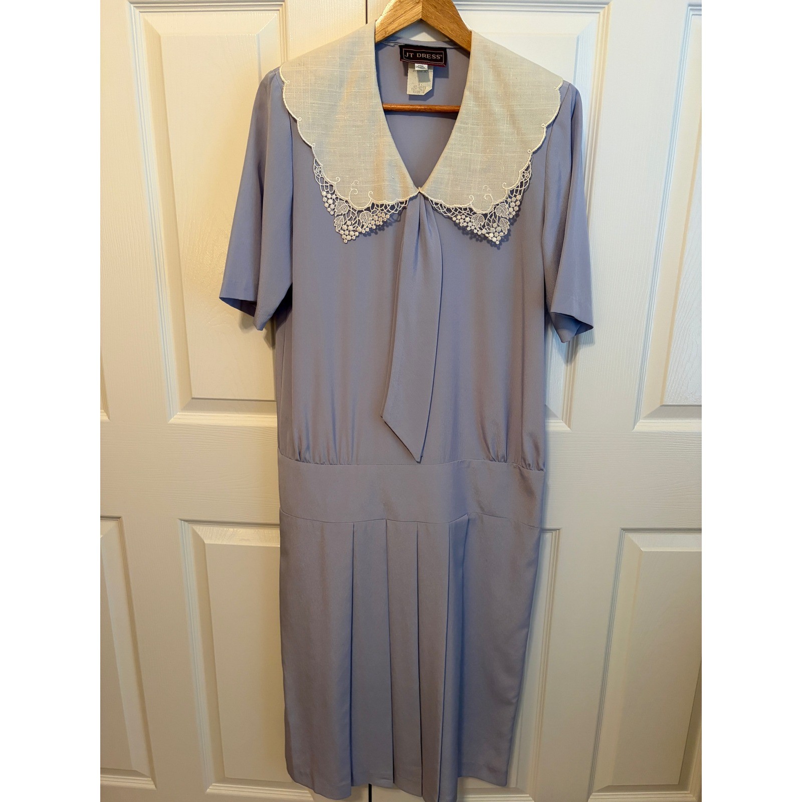 Vintage JT Dress Blue Drop Waist Lace Collar Pleated Midi Dress Size 4 USA Made