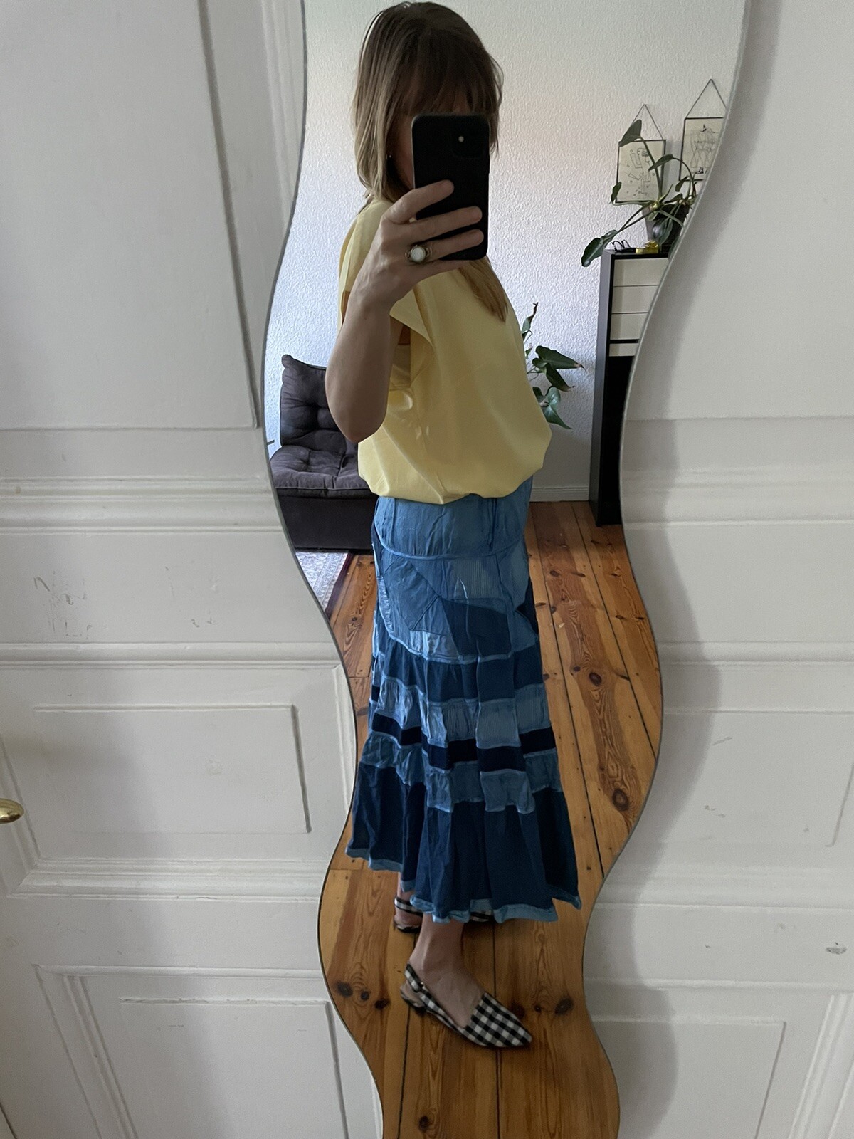 Vintage 80’s Yellow Viscose Blouse with Lace Collar- Size XL