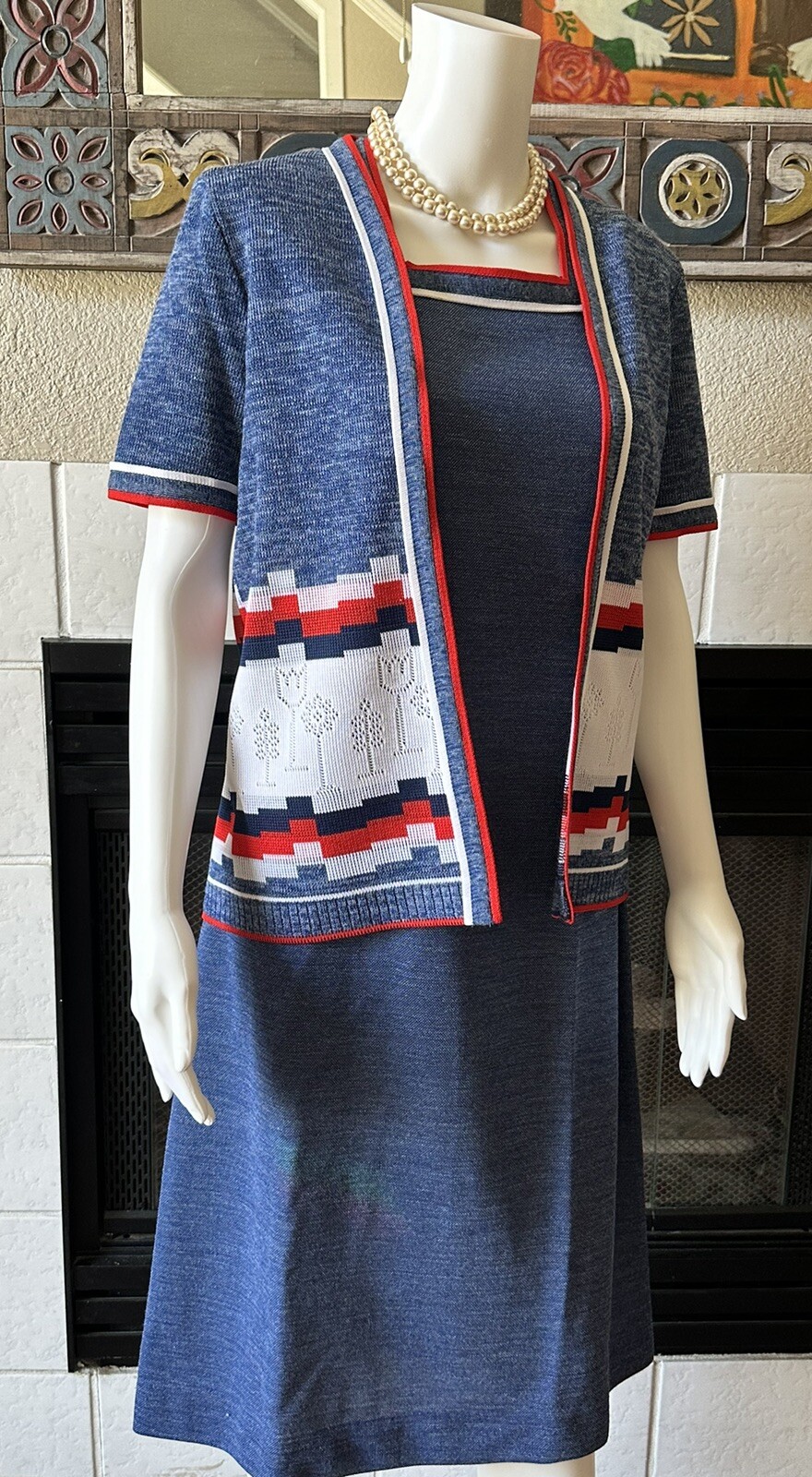VTG 1960s Bleeker Street Drop Waist Blue Dress & Jacket XL Blue Red White