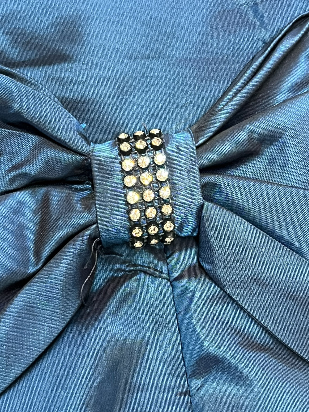 80s Vtg Roberta Party Dress Blue Iridescent Taffeta Bow Rhinestones Prom Wiggle