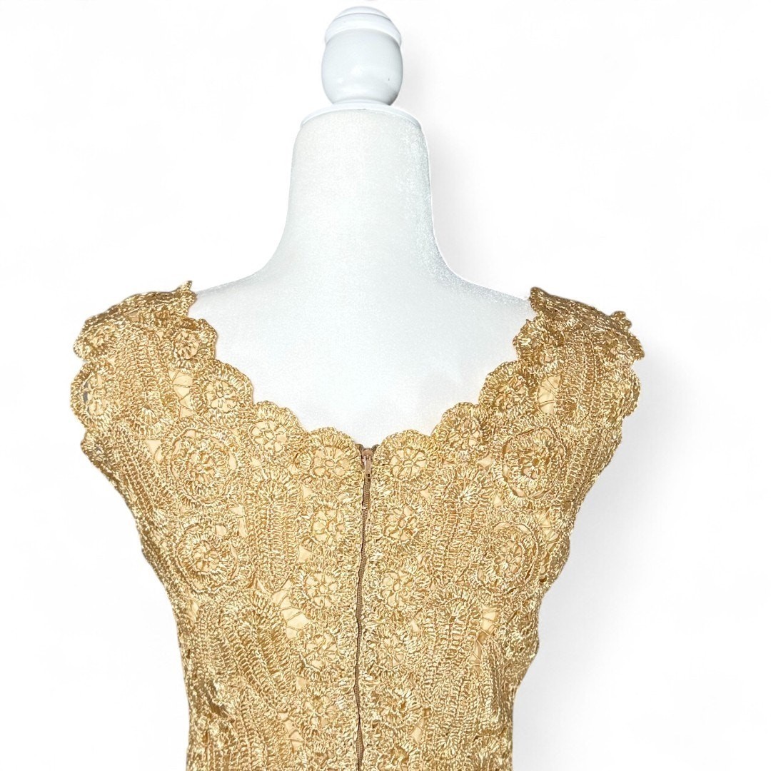 Vtg Raffia Crochet Wiggle Dress Woven Italian Tan Scallop Autumn Wedding Guest S