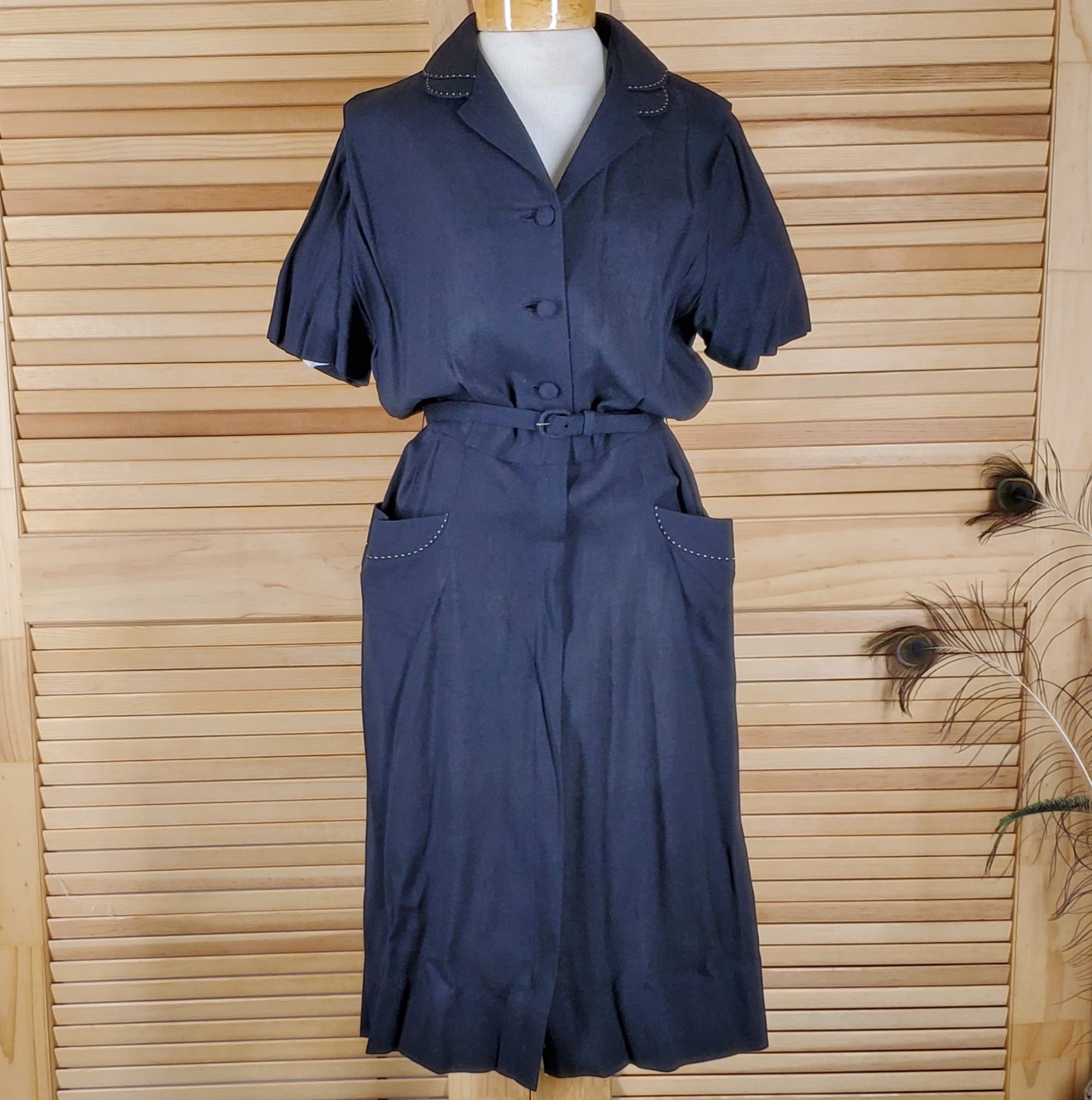 Vintage 60s Navy Blue Blouson Midi Dress belted Chest 22 Size Large