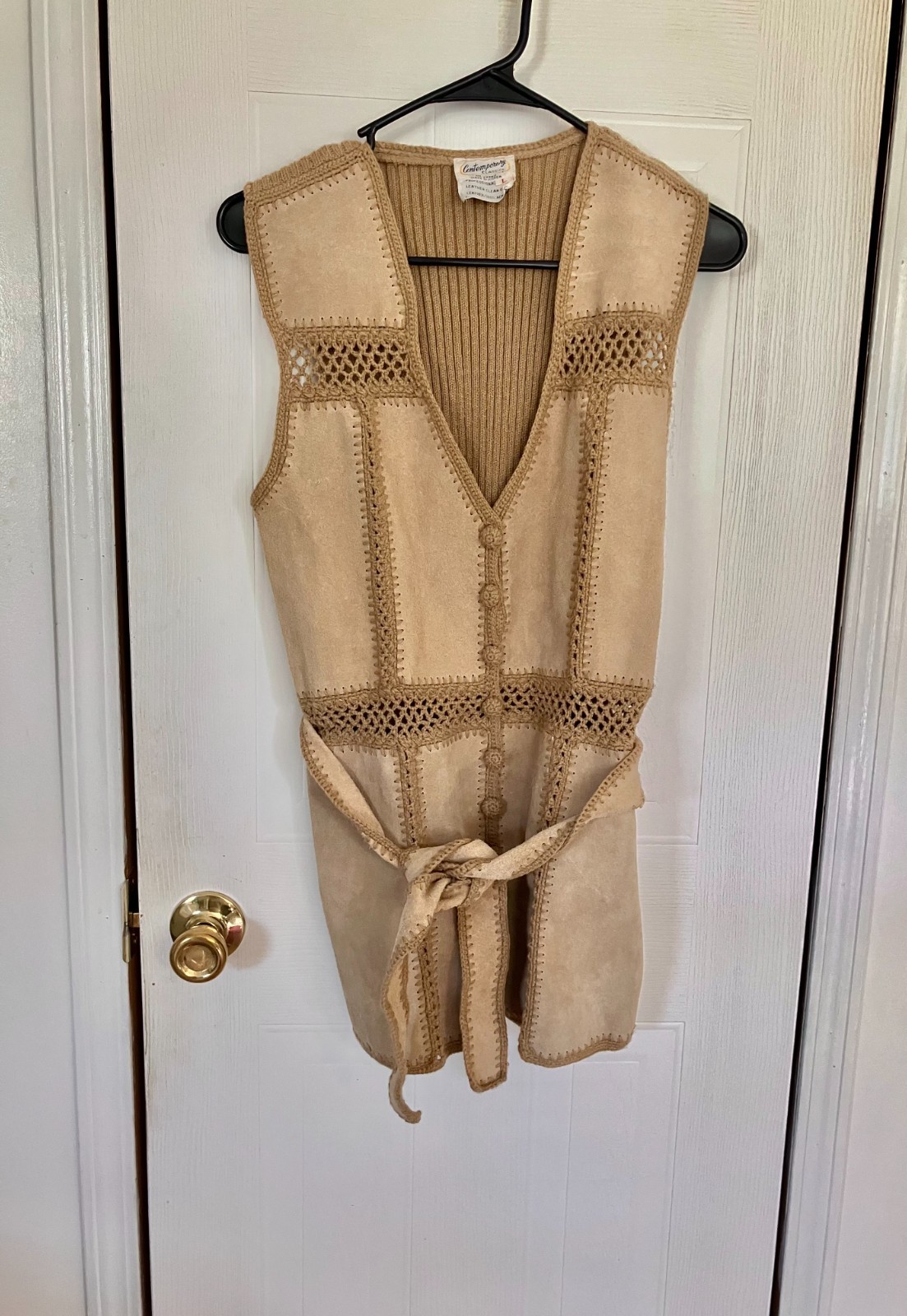 Vintage suede leather crochet belted vest western boho festival hippie cowgirl