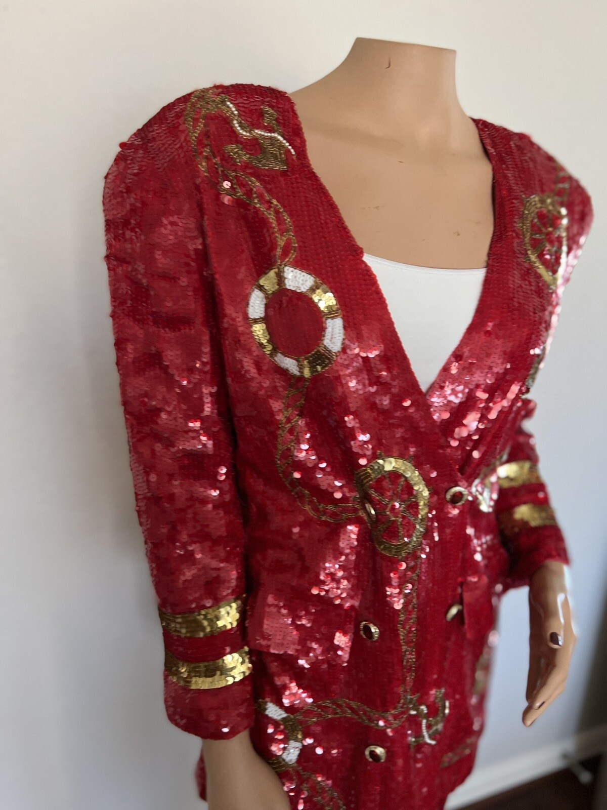 MODI Red Silk Sequin Beaded Double Breasted Nautical Anchor Jacket Skirt Set 6-8