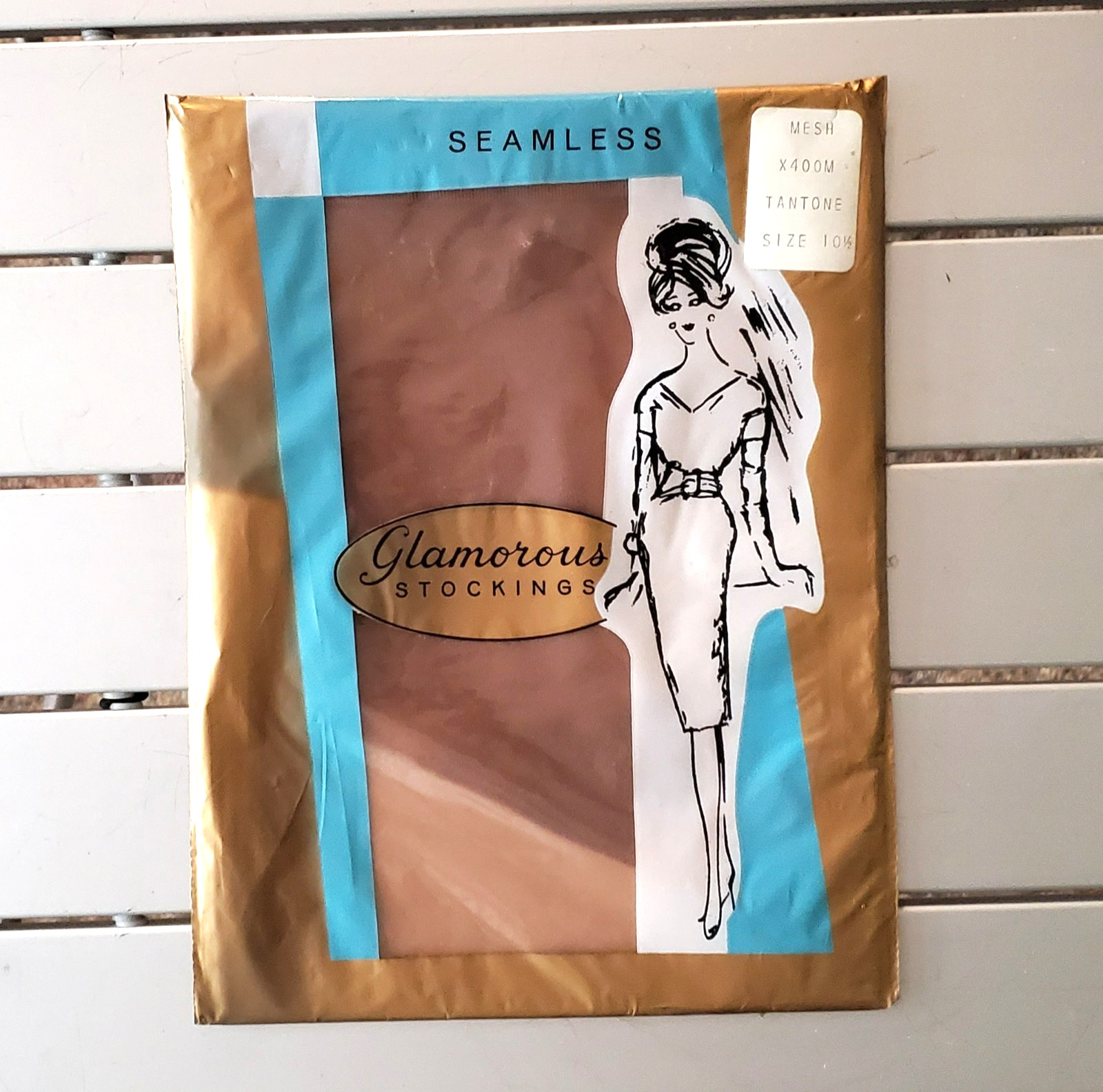 Vintage 60s size 10.5 seamless Glamorous stockings Mesh Tantone new in package