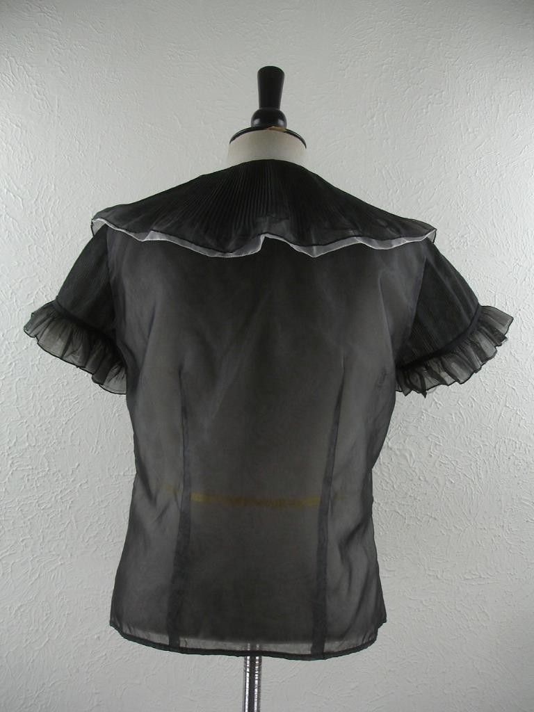 Women’s M Vtg 1940’s Penny Potter Black Sheer Top Blouse Ruffled Victorian Look