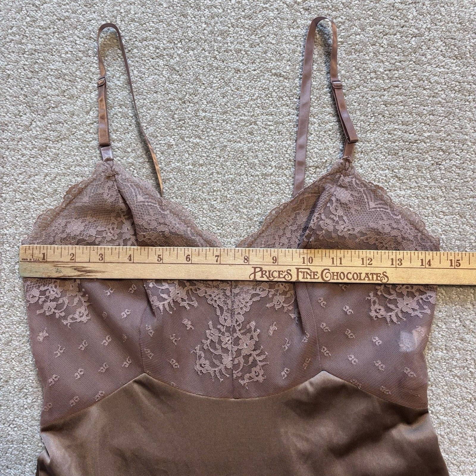 VTG Vanity Fair Mocha Brown Nylon Lace Trim Nightgown Camisole Slip Dress 32L