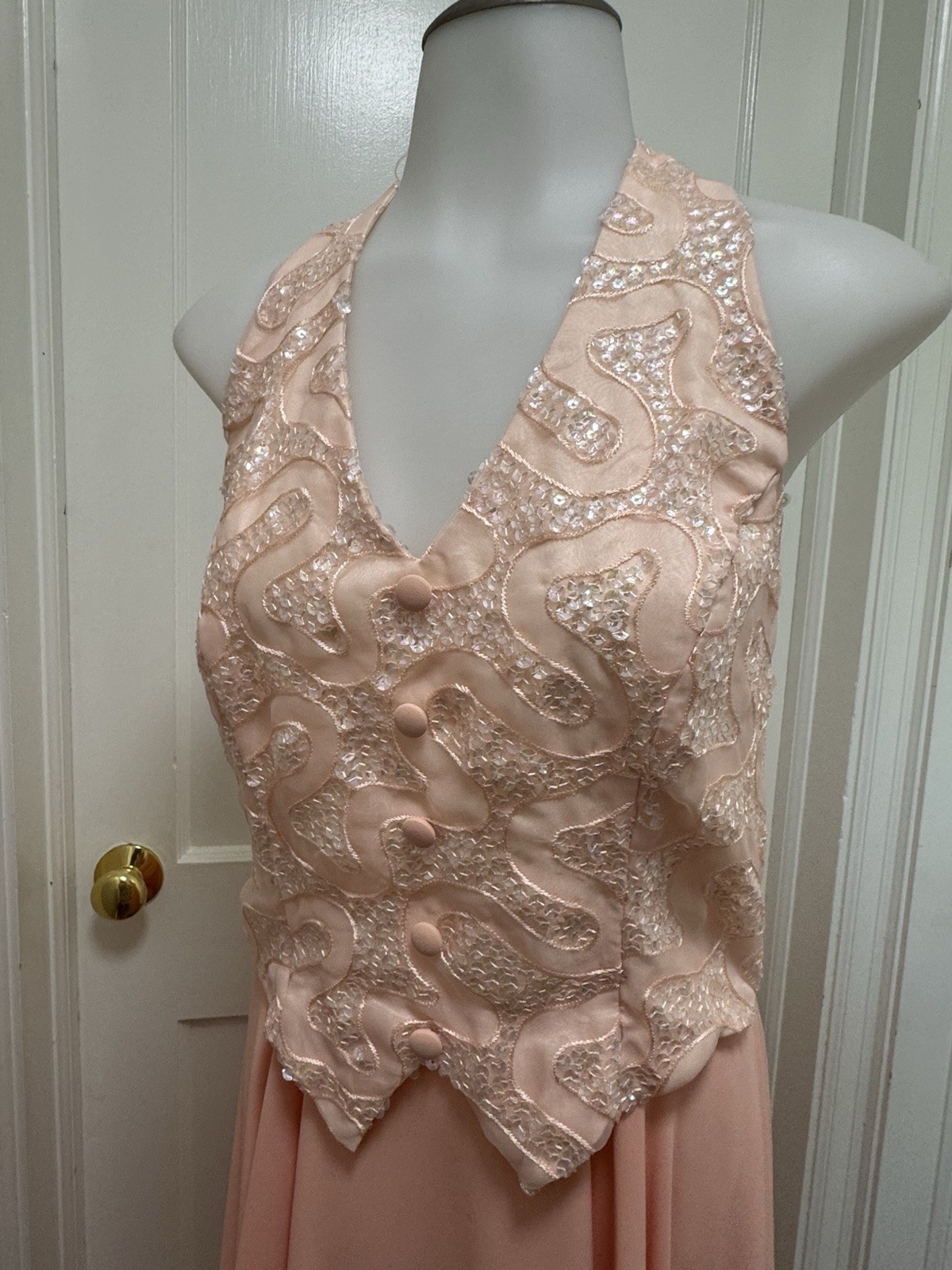 VTG 90s Faviana New York Halter Gown Peach Sequin Backless Maxi Dress Size 13/14
