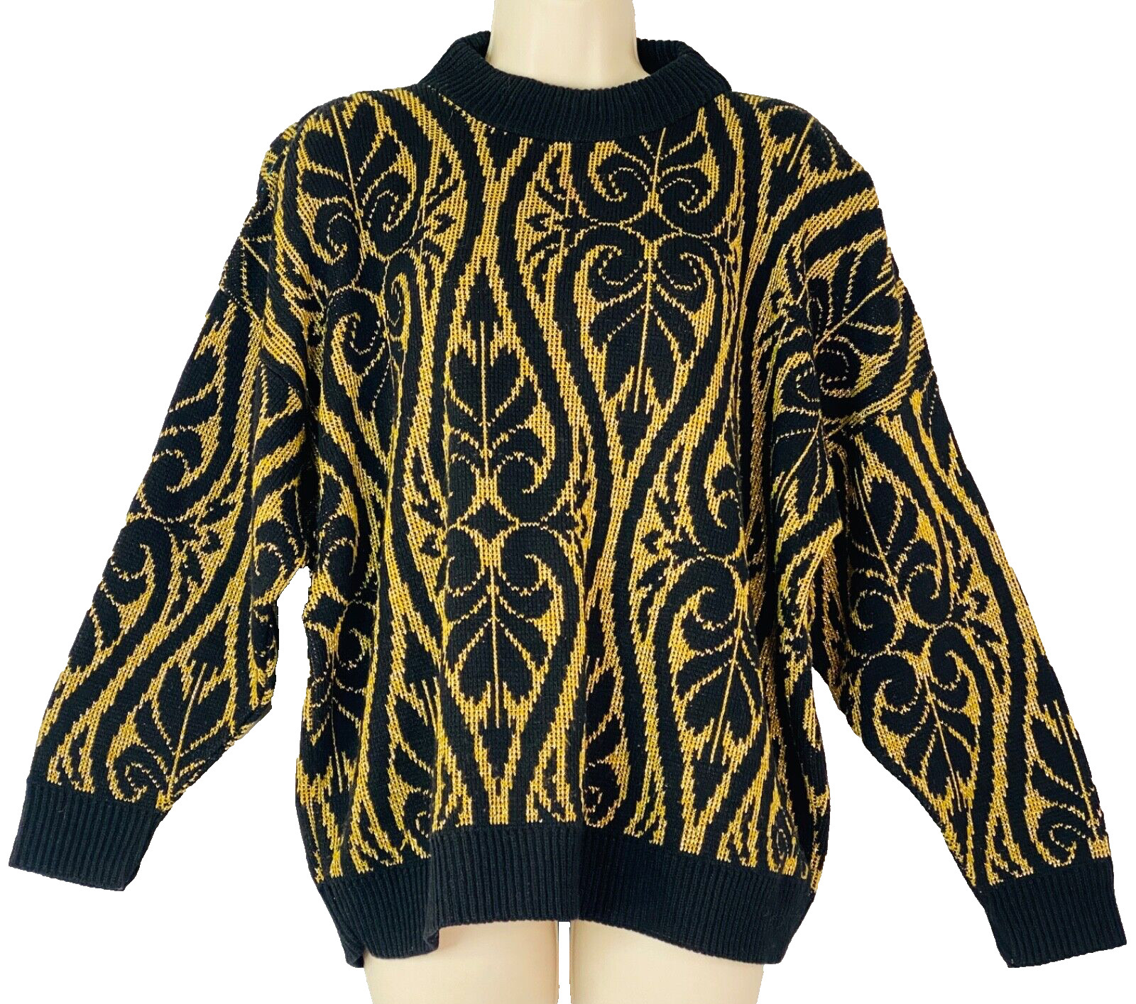 Vintage 1980s black gold sweater, metallic glam patterned oversized acrylic L