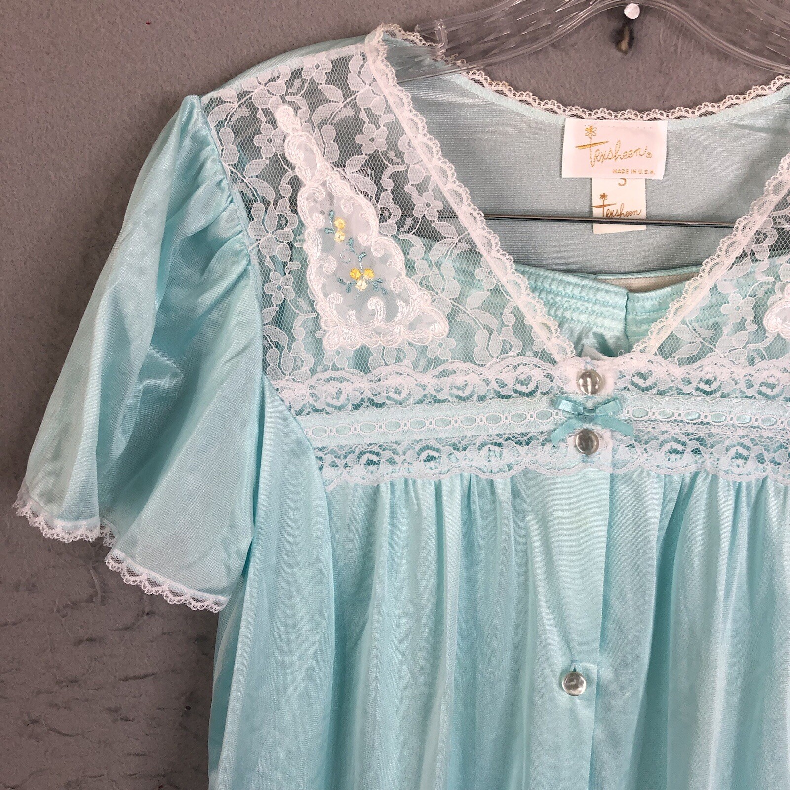 Vintage Coquette Pajamas Womens SMall Blue Nylon Silky Feminine Lace Trim Retro