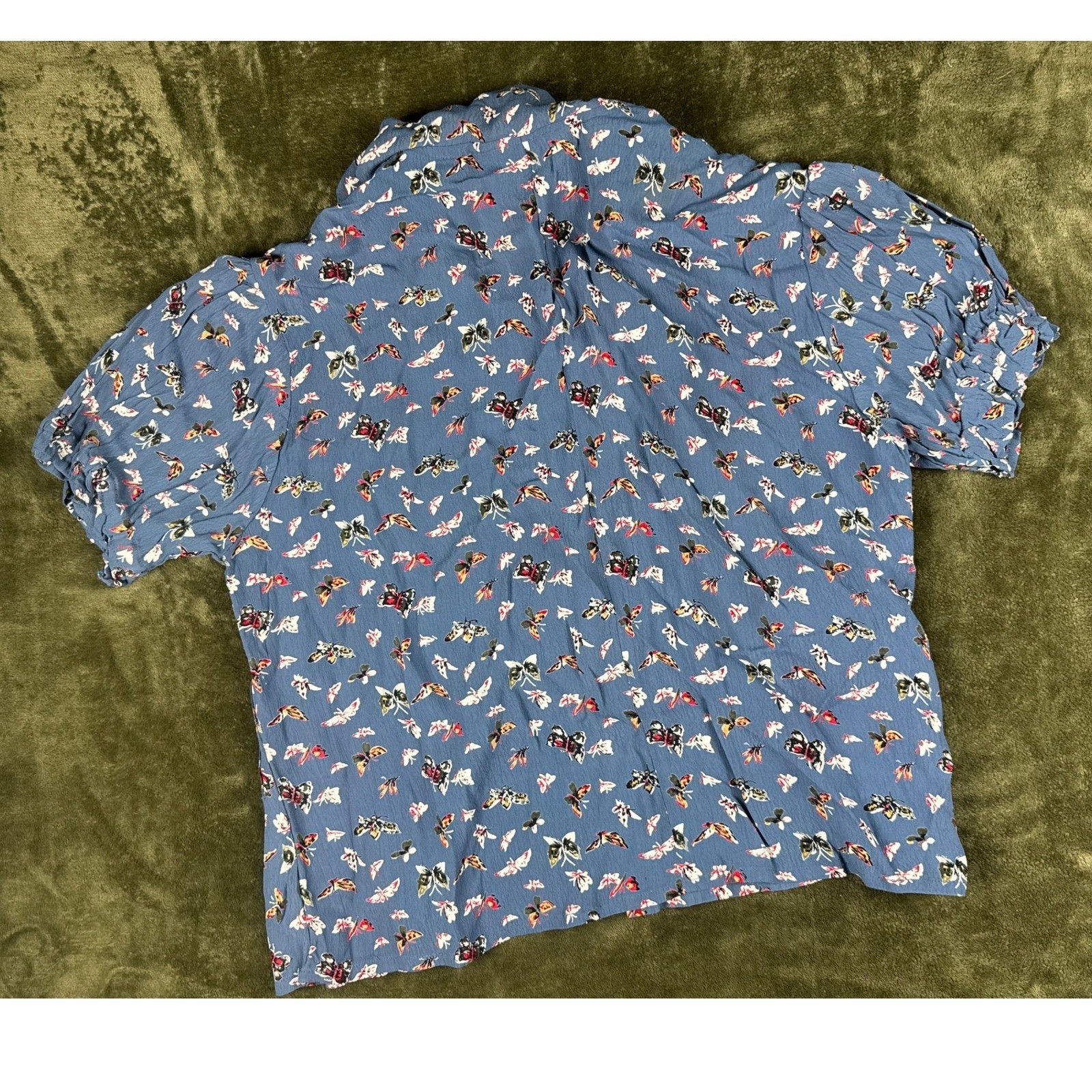 Arrived Vintage 90s Butterfly Print Pleated Blouse Blue Rayon Puff Sleeve Medium