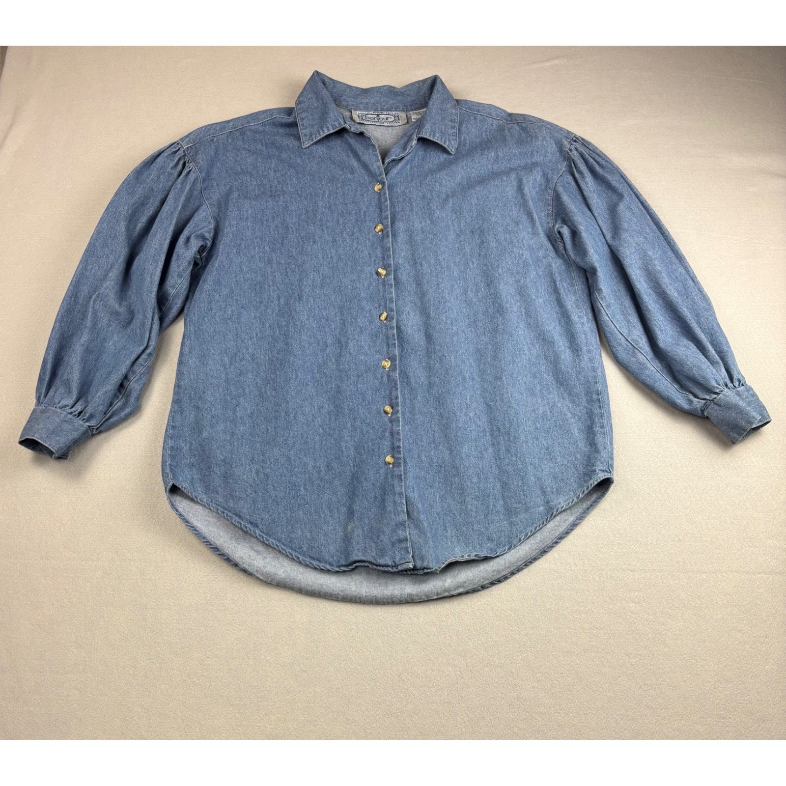 Vintage Bonjour Denim Button Down Shirt Medium Puff Sleeve Pleated Back
