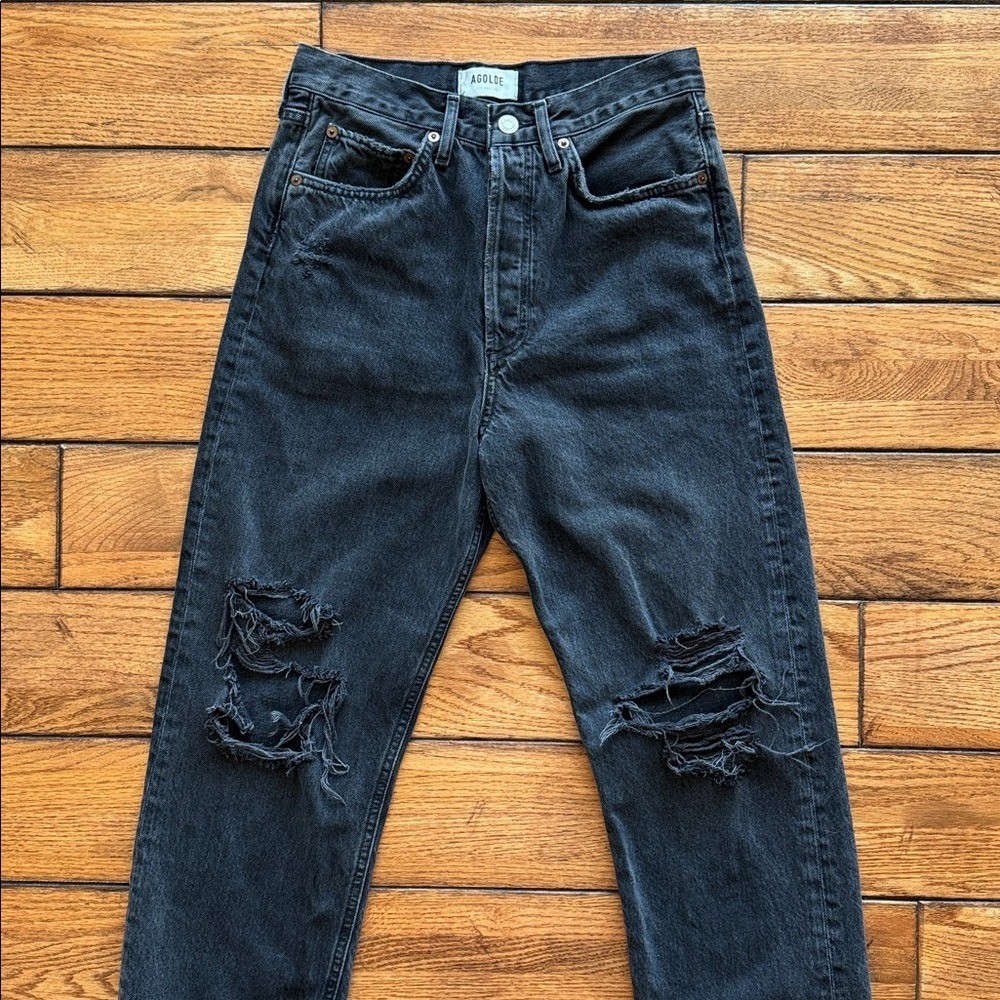 AGOLDE 90s Mid Rise Loose Fit in Vagabond Washed Black Sz 25 Distressed Boho