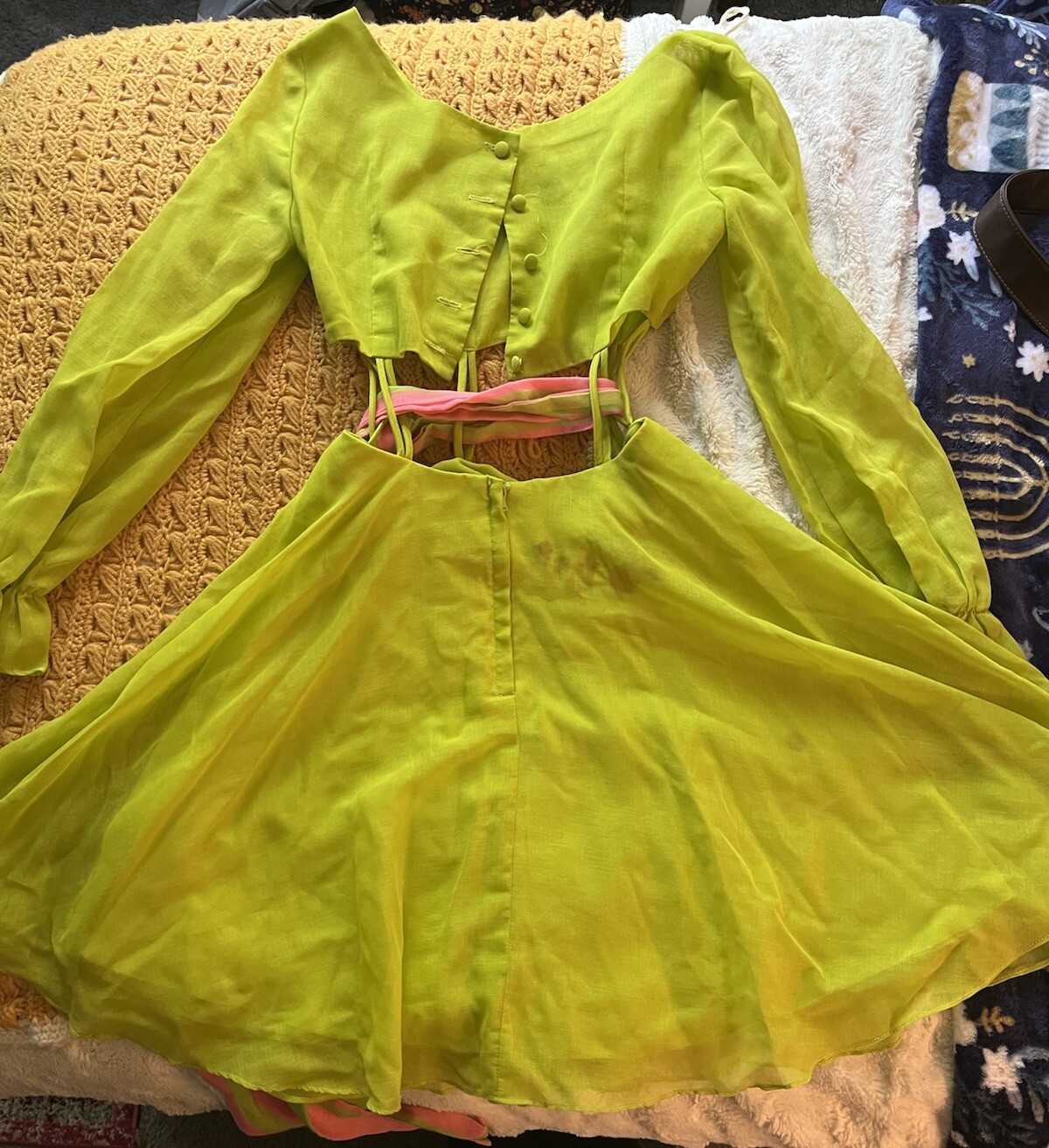 Green And Pink Saba 70s Cutout Midriff Party Dress