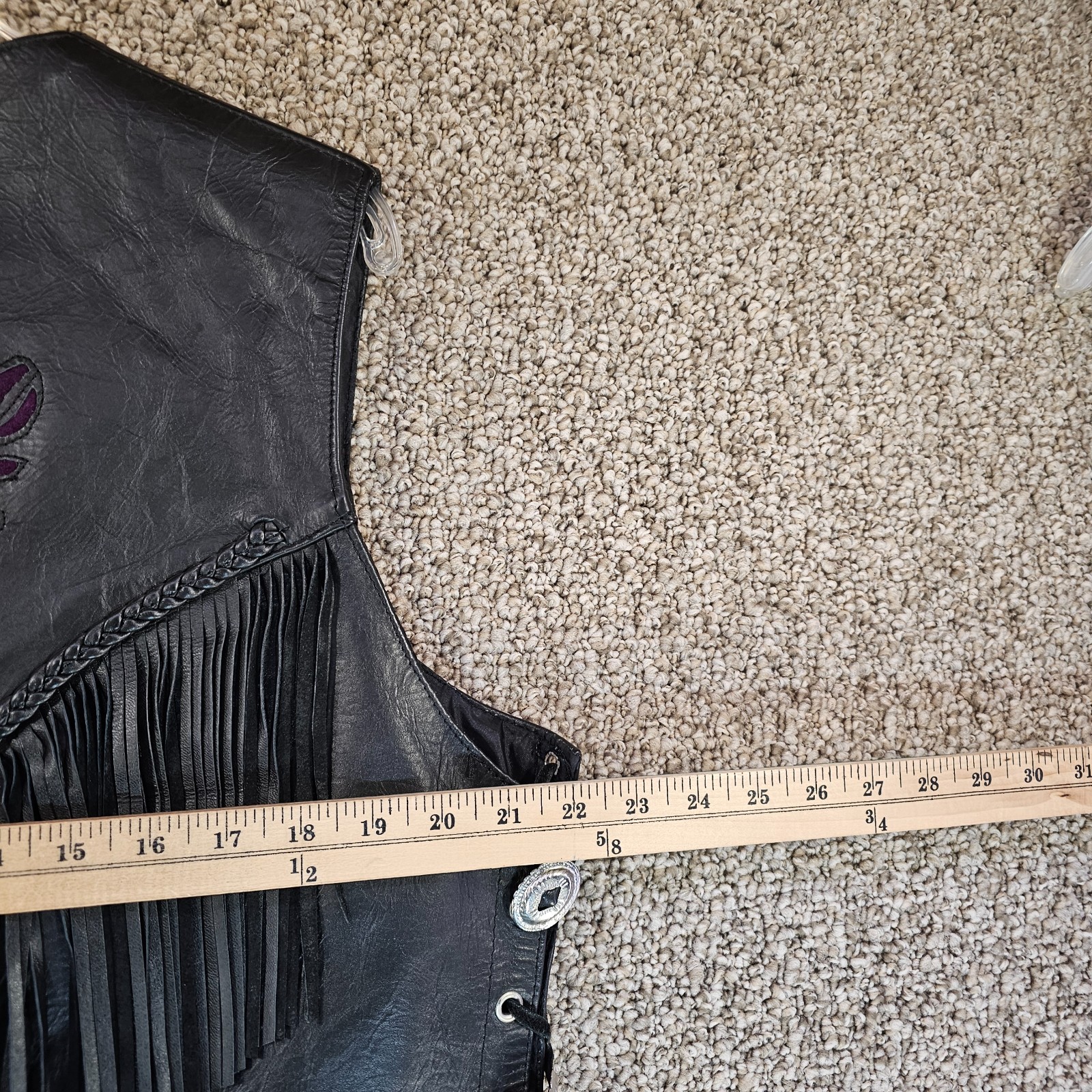 Vintage Hudson Leather Vest Womens Actual XL Snap Button Roses + Fringe Harley