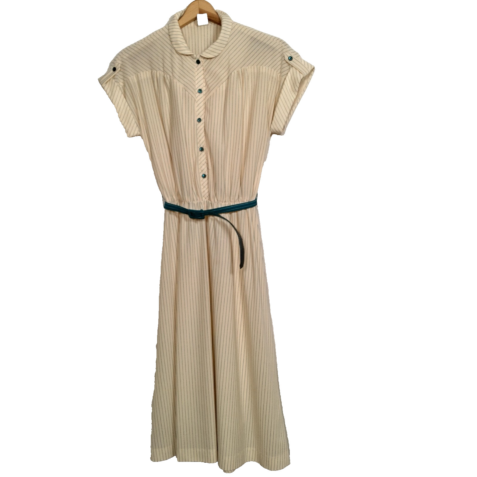 Vintage 1970s Dress Size 7 Ivory Blue Stripe Button Up Collar Belted Secretary