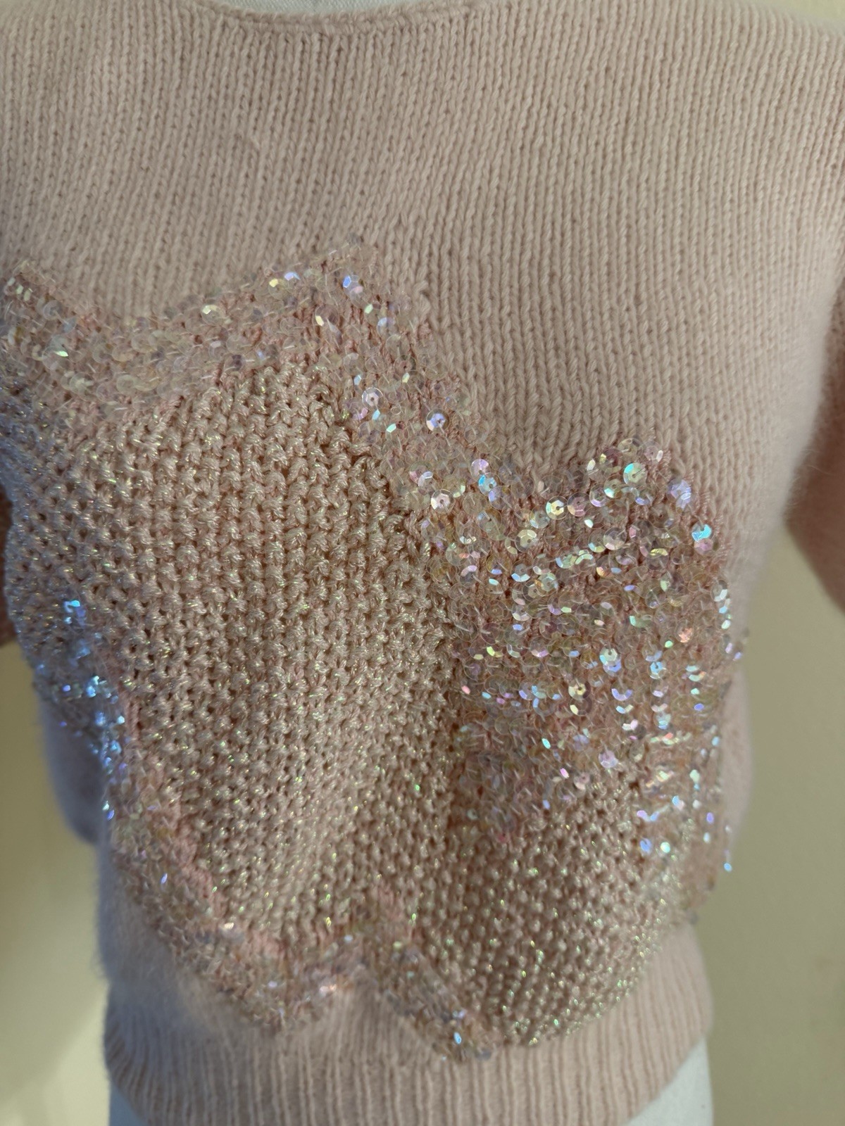Vintage Ann Katrine S Pink Sequined Short Sleeve Sweater Lambswool, Angora, Wool