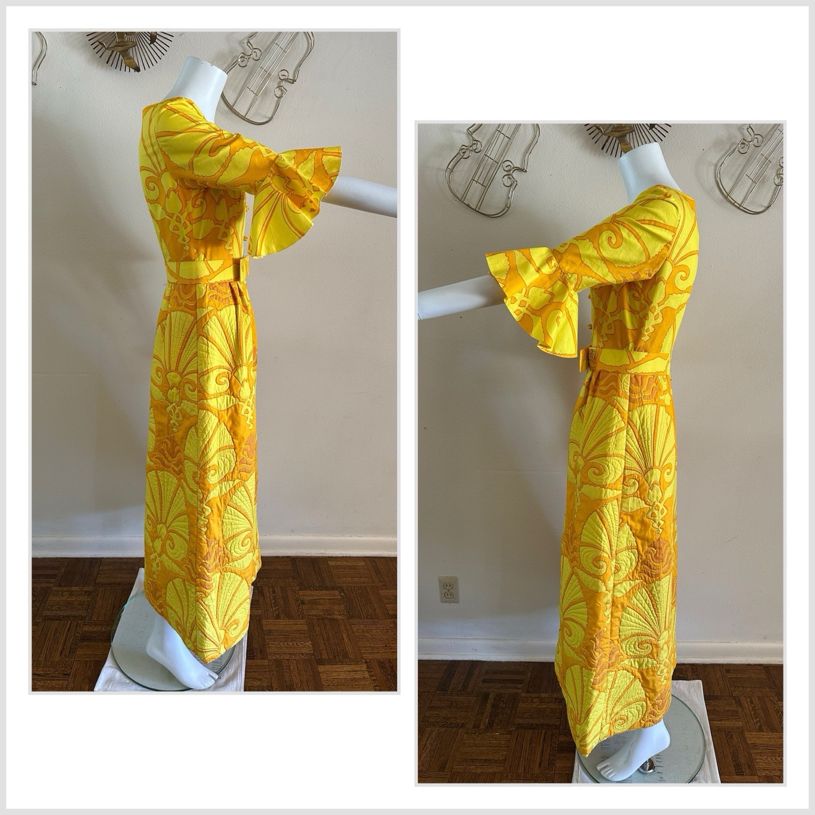 1960s Van Dee Bangkok Quilted Maxi Dress Psychedelic Bell Sleeve Resort Hostess