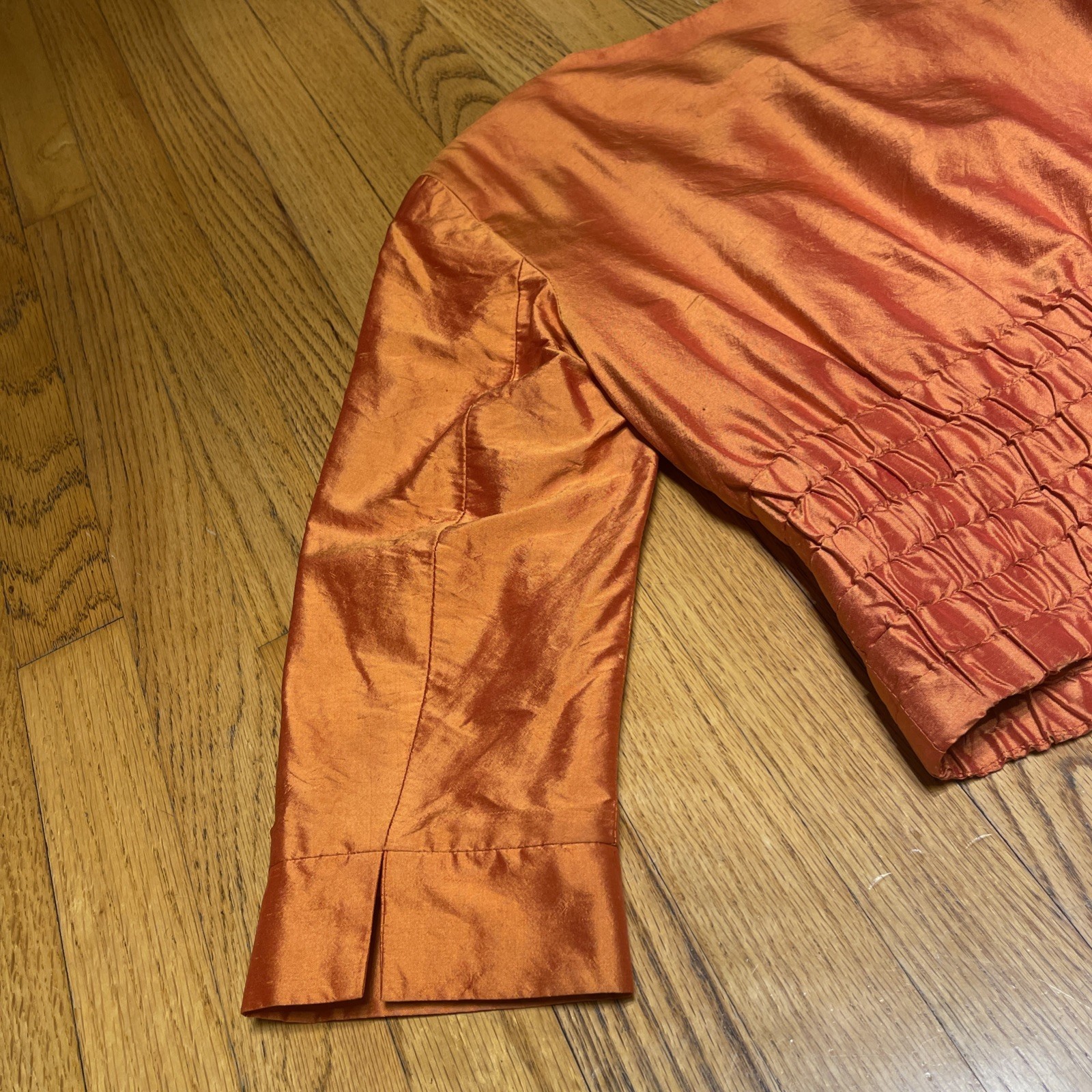 Vintage Singh S. Madan Silk Bronze Orange 100% Silk Bomber Jacket US 4 Small