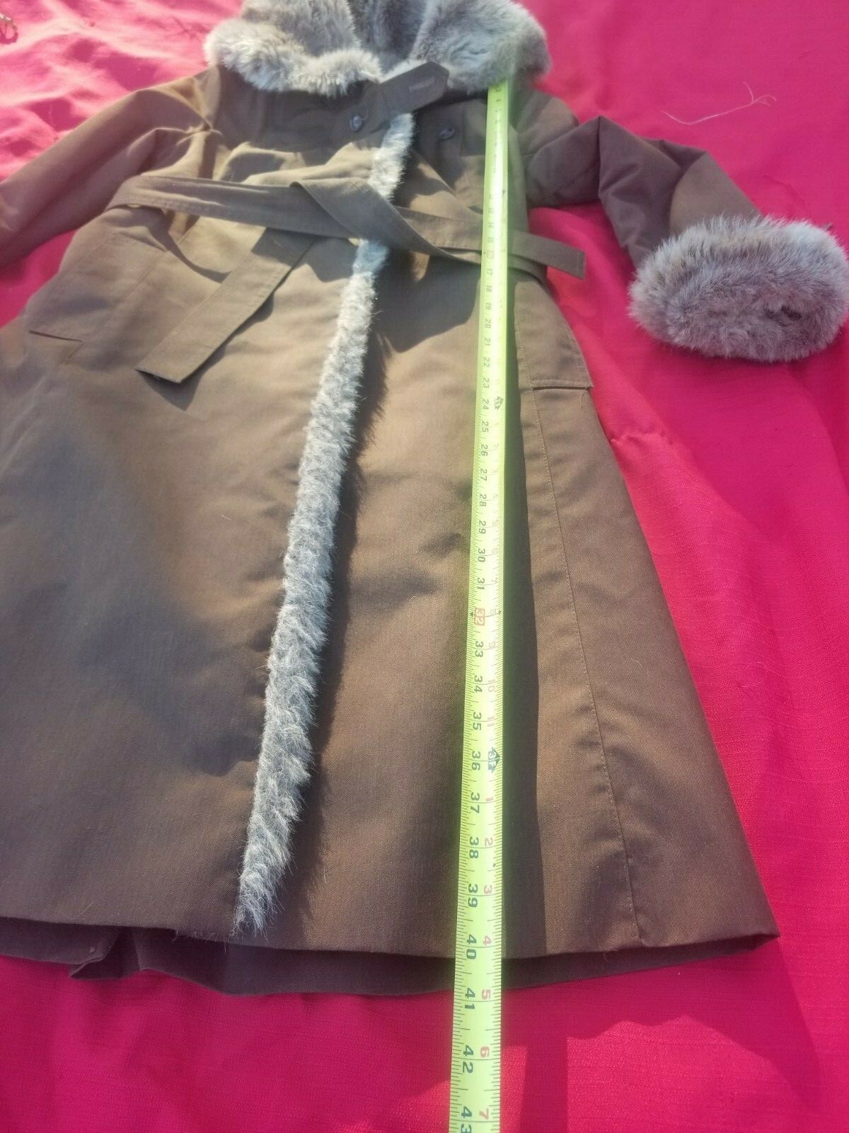 Vibtage 1970s Khaki brown trench robe coat faux fur lining hooded belted fits S