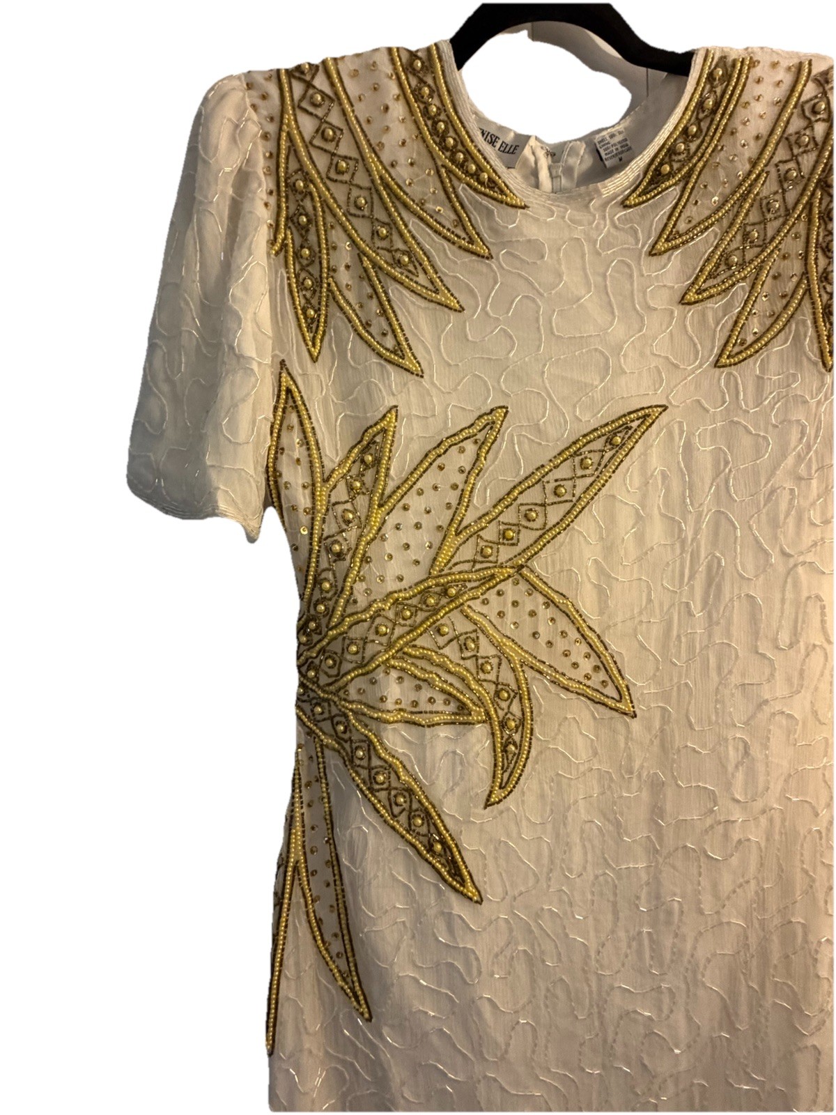 Authentic Vintage 1980s Medium Ivory Gold Beaded Lined Silk Cocktail Dress
