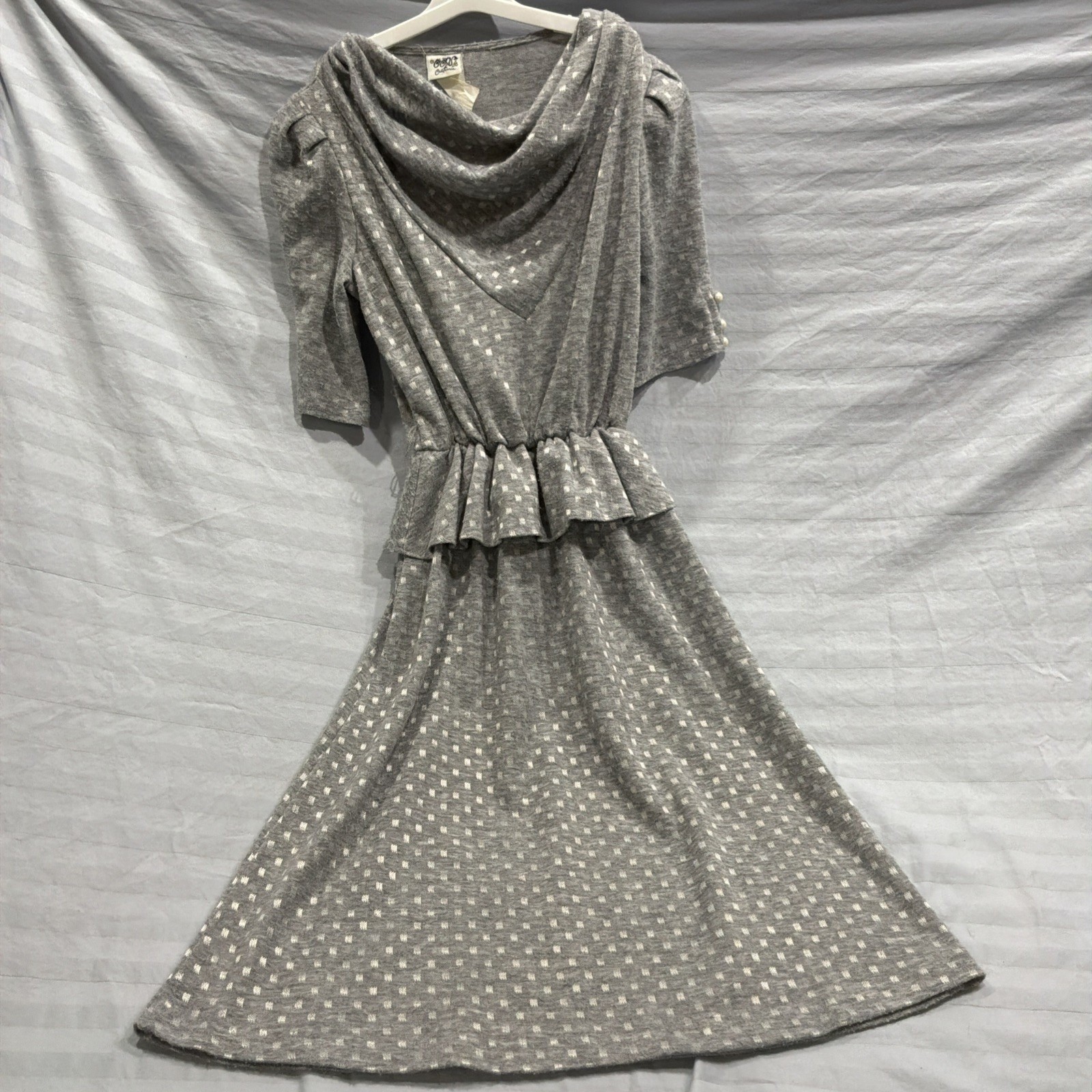 Vintage 80s Midi Gray And White Polka Dot Dress Peplum Gathered Waist Cowl Neck