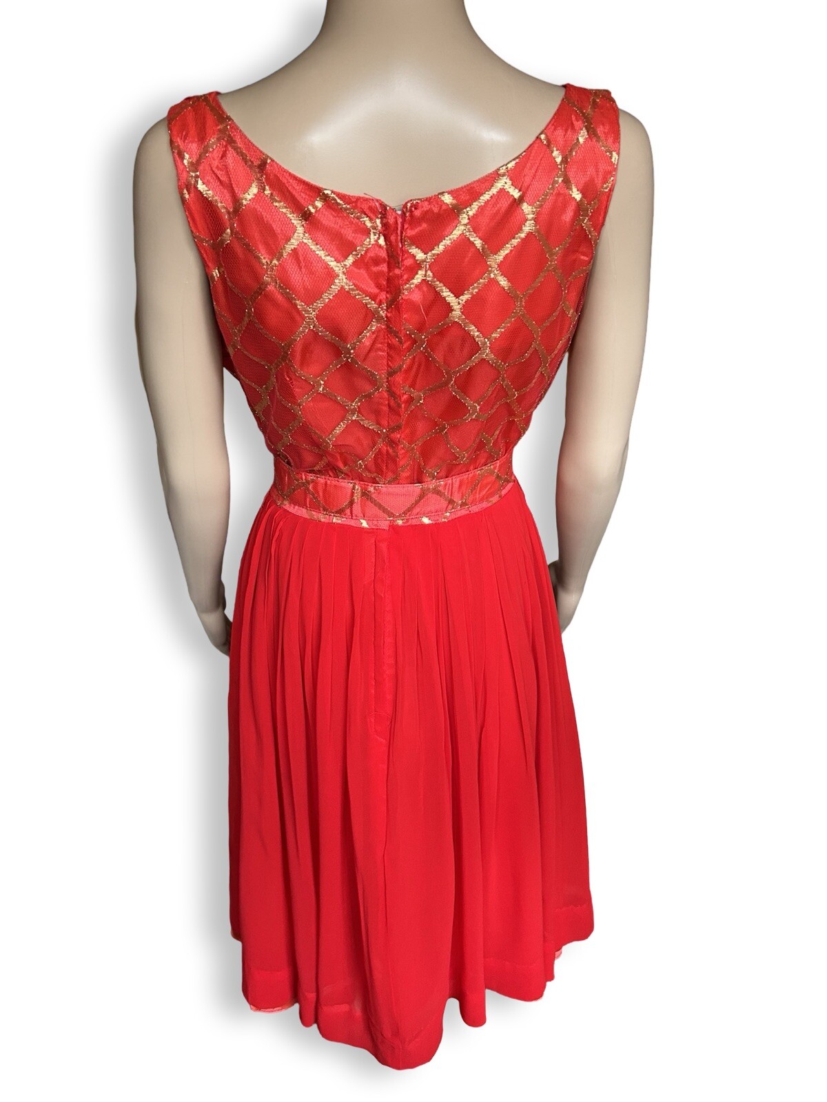 Vintage 1950s Gold Metallic Geometric Red Silk Chiffon Party Dress Holiday Xmas
