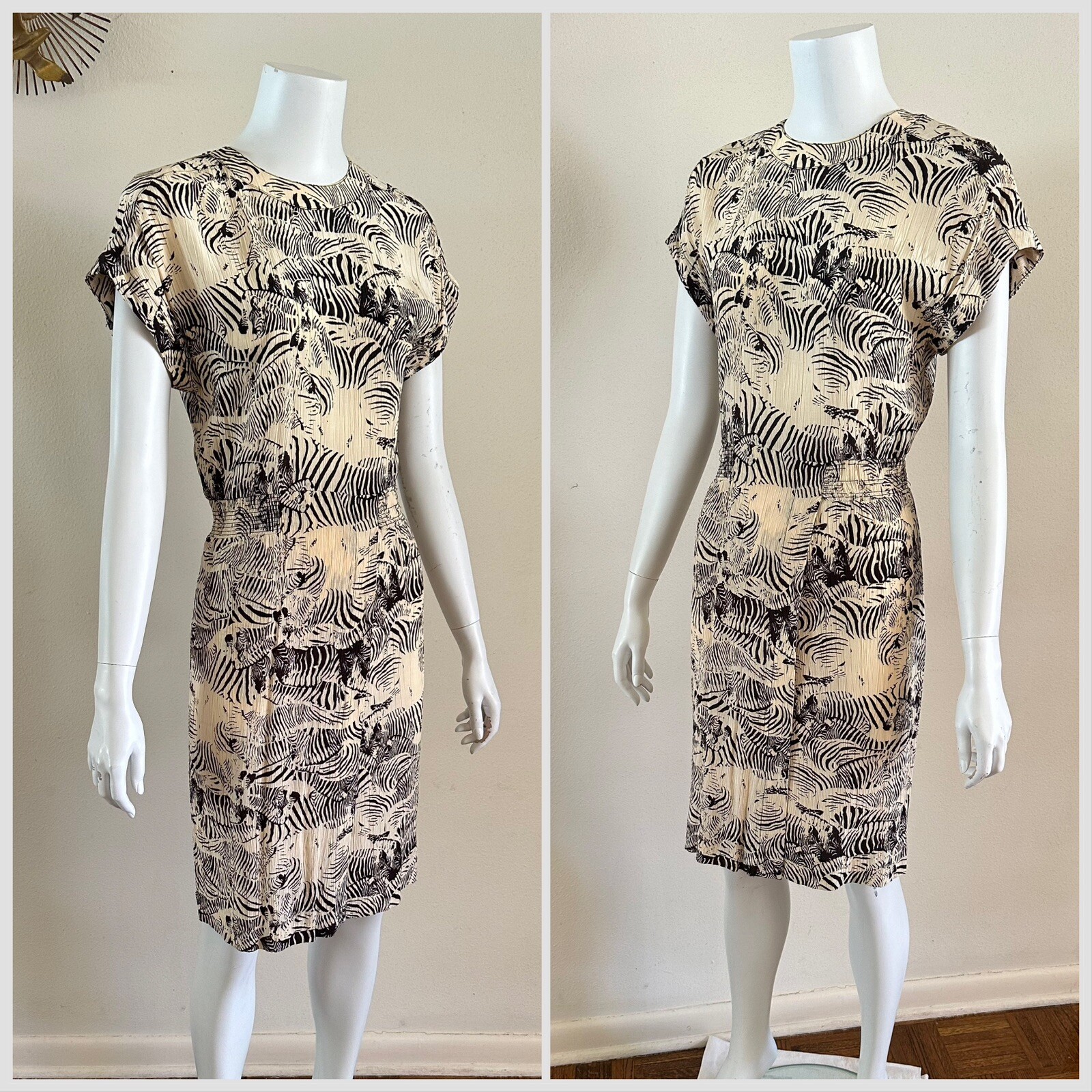 1980s Liz Claiborne Dresses Petites Crinkle Rayon Dress Zebra Print Safari 6 VTG