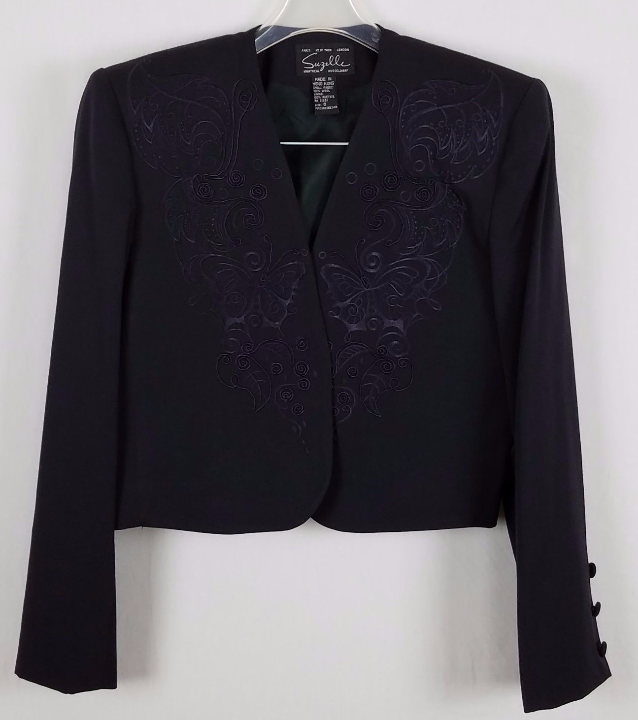 SUZELLE black vintage Jacket Embroidered Butterflies and Leaves size 6