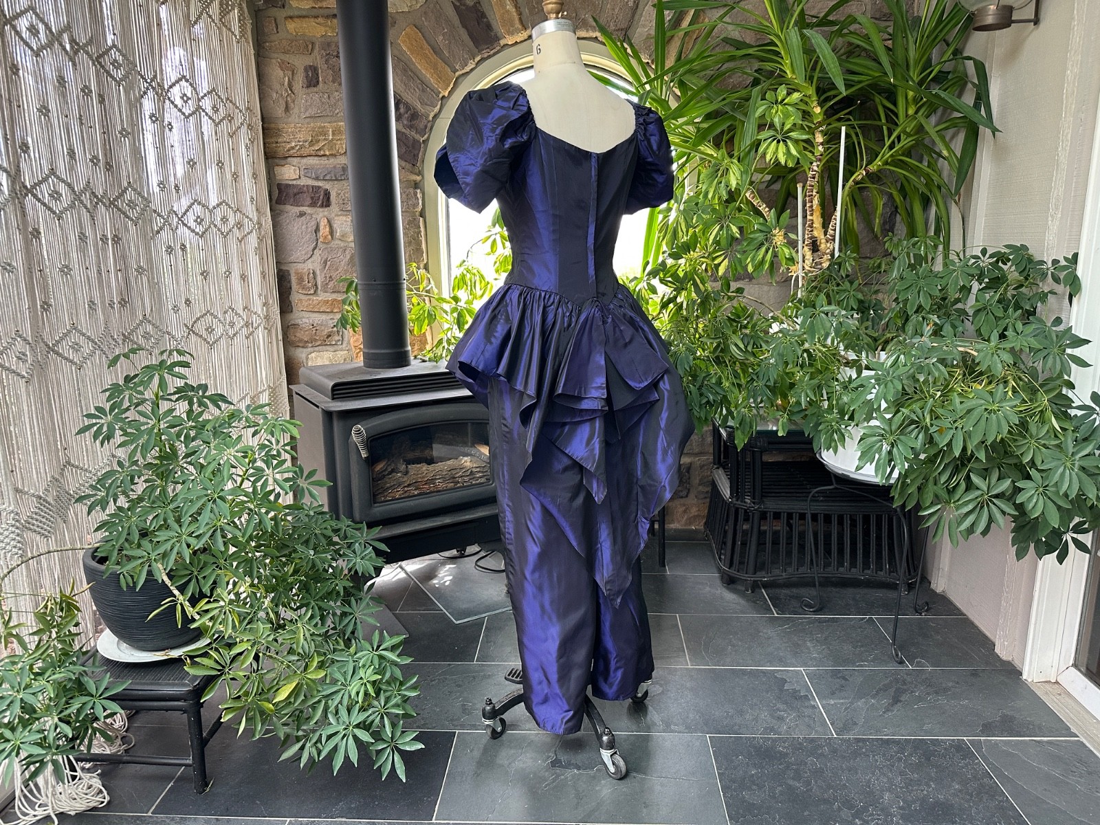 Vintage 1980s Purple Iridescent Taffeta Sequin Drop Waist Formal Maxi Dress