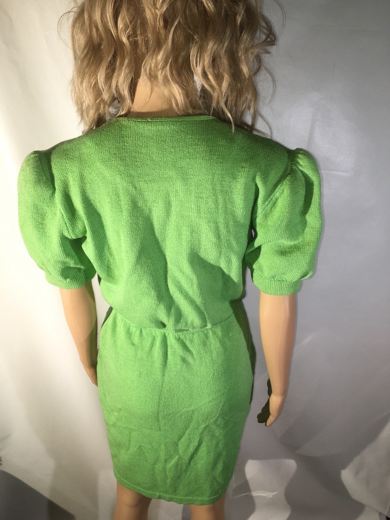Vintage St. John by Marie Gray Knit Green Dress Puff Sleeves Size 8 1980s V-neck