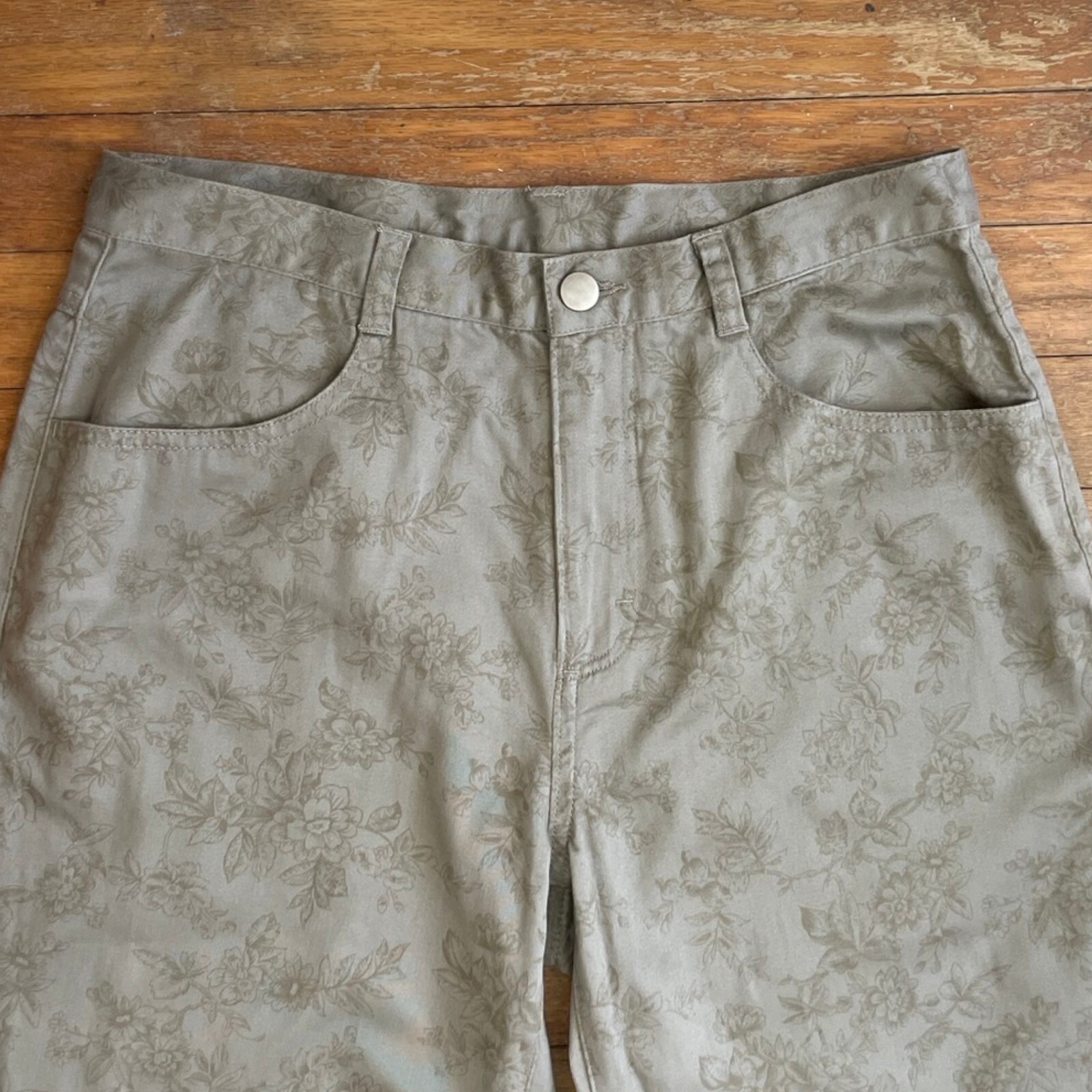 Vintage Floral Print Pants Size Medium 30″ Waist 1990s Taupe Twill Cotton