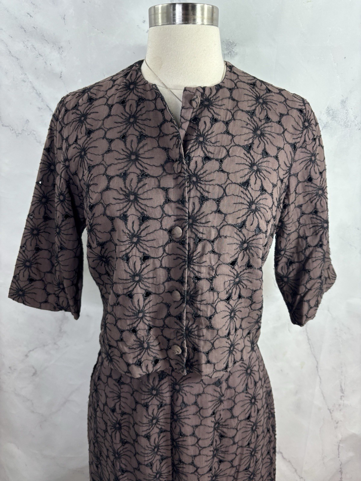 VTG 50s Union Label Floral Skirt Suit Set Brown Black MCM Wiggle Mad Max S 1950s