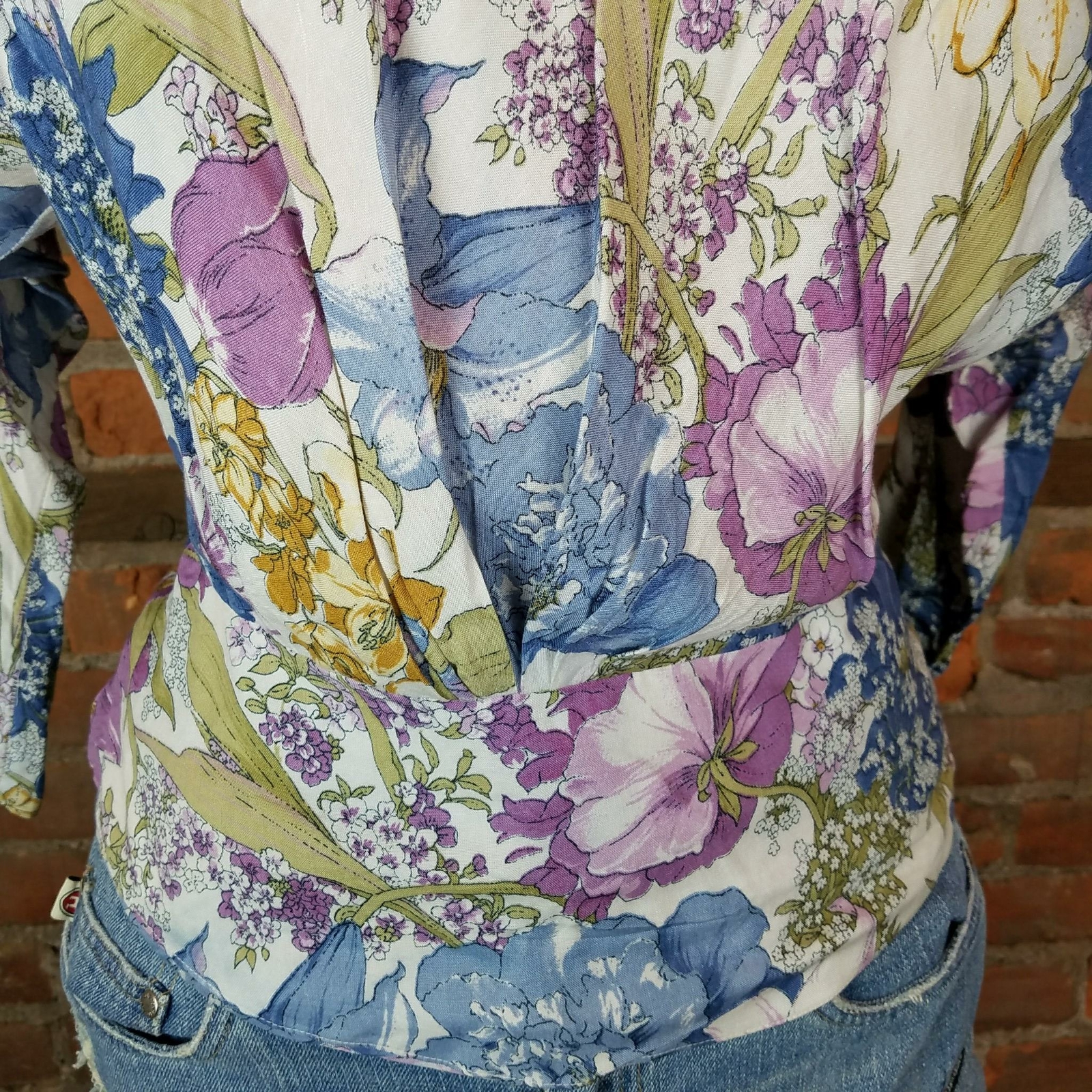 Vintage Womens Blouse FloralPrint White w/LilacBlueGreen Dolman Sleeves Size 12