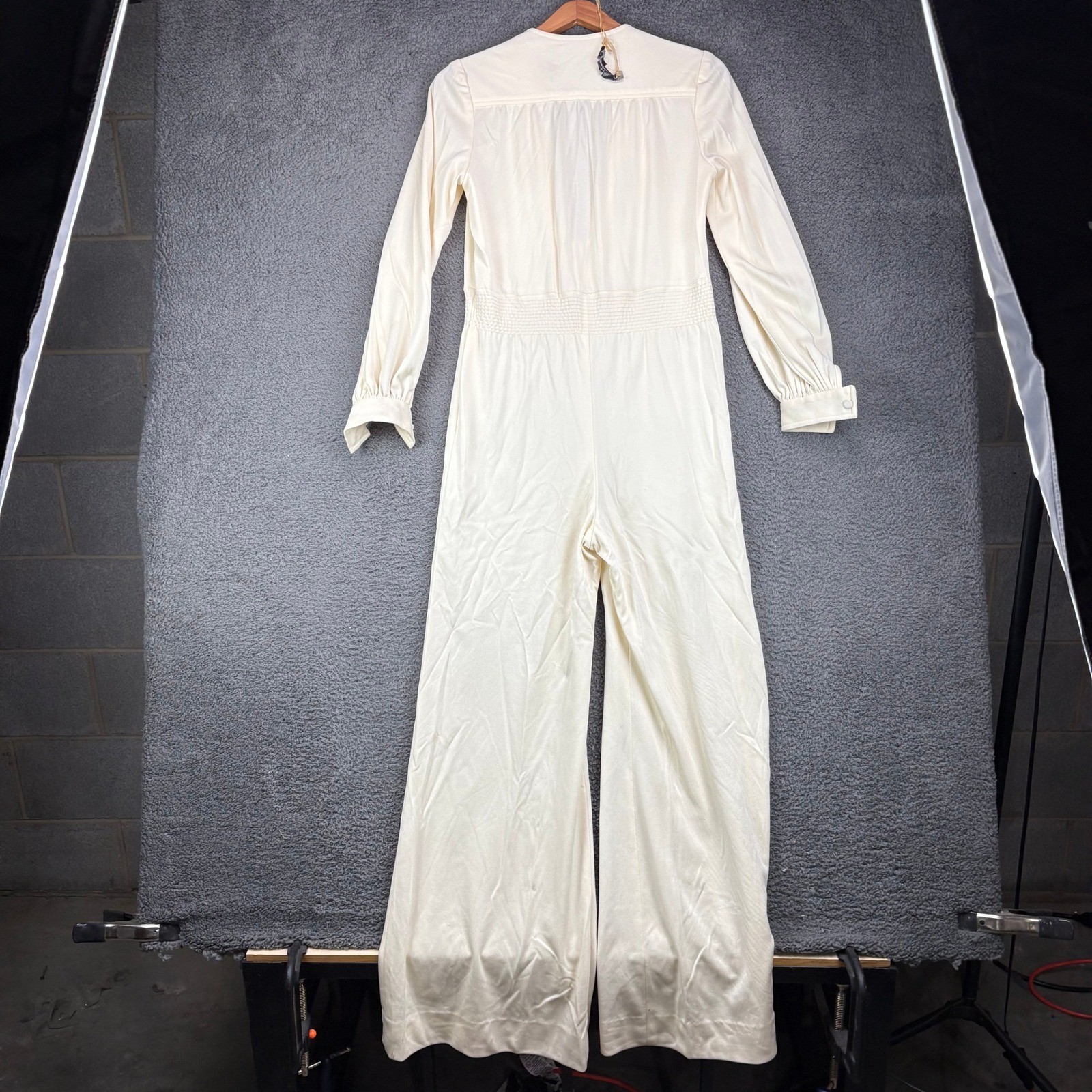 Frances Henaghan Vintage 70s Cream Wide Leg Jumpsuit Lace Up Smocked Womens
